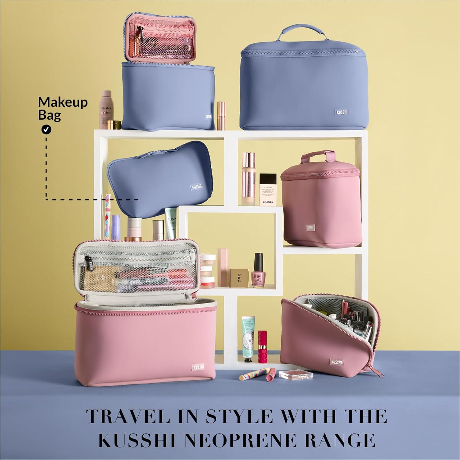 KUSSHI Neoprene Makeup Bag - Washable Makeup Bag for Stress Free Travel (Pearl Blue/Sand Pink) - Image 4