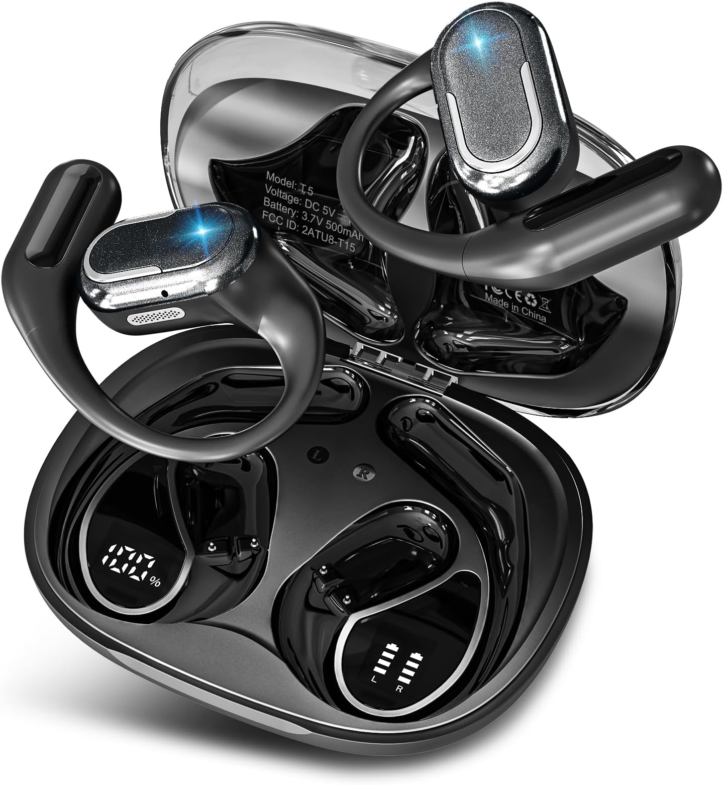 Bluetooth 5.4 Headphones True Wireless Stereo Earbuds 35H Playtime LED Power Display Earphones with lPX5 Waterproof Open Ear Buds for Sporting, Working, Studying Black