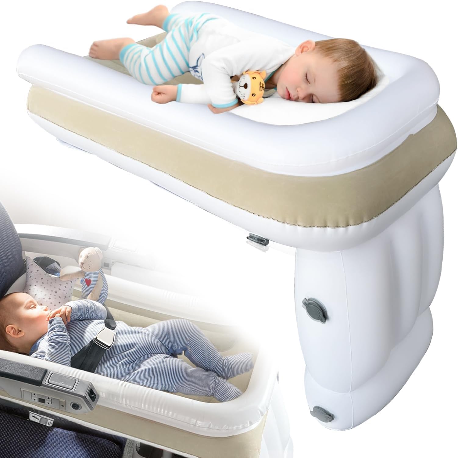 JUANWAN Toddler Airplane Bed - Travel Bed with Airplane Seat Extender & Safety Belt - Beige
