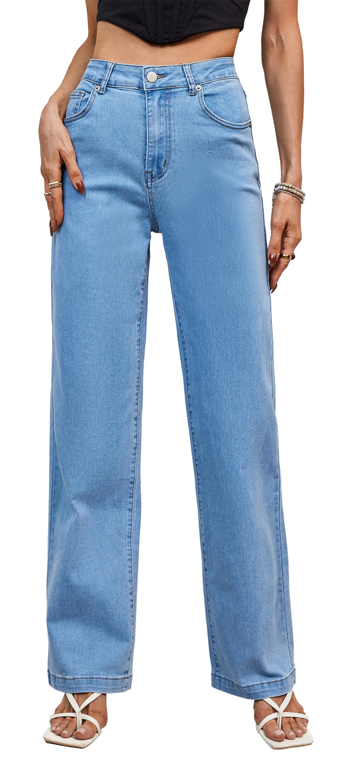 Tsher Women’s High Waisted Jeans Stretchy Straight Leg Loose Fit Denim Pants Lightweight Tummy Control Trendy Jeans for Women