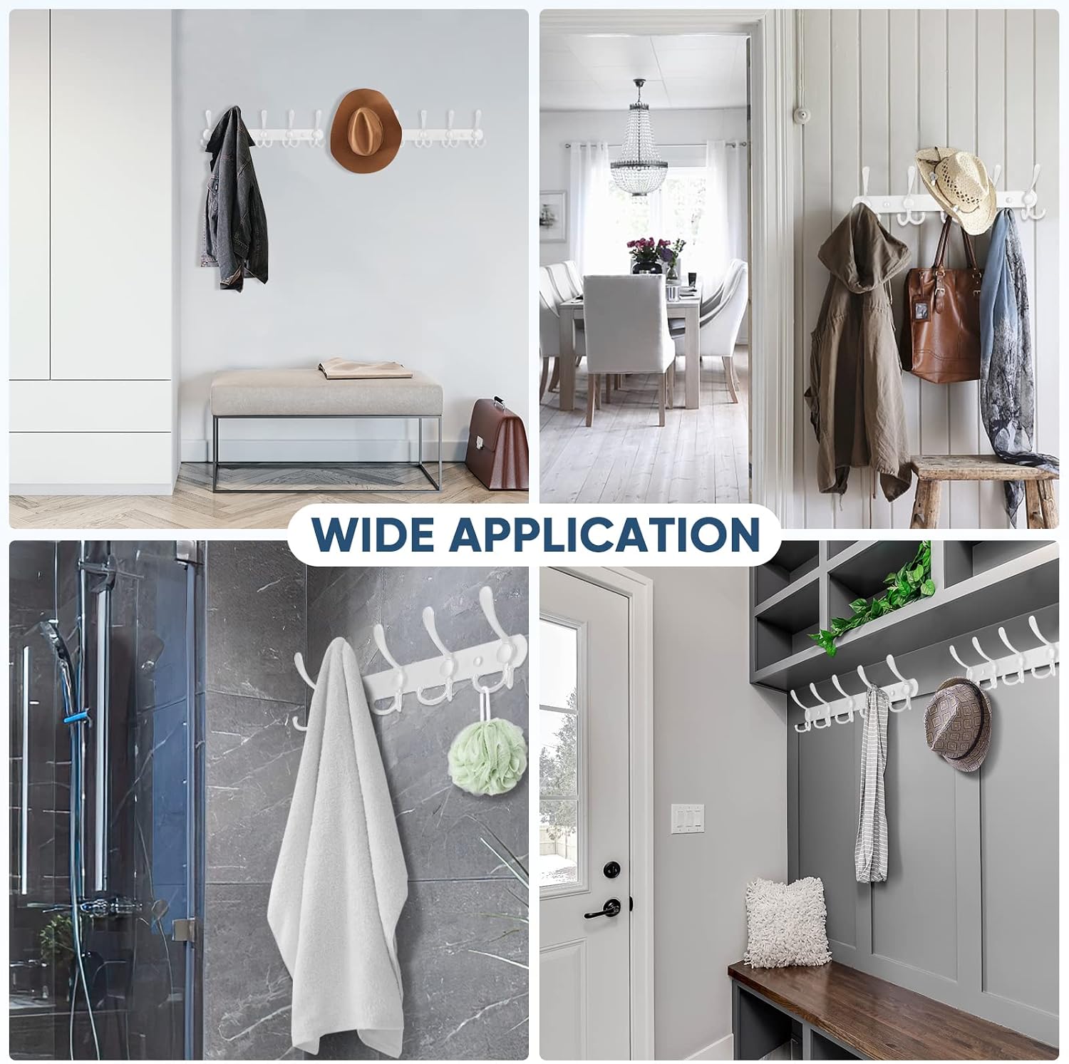 TICONN Wall Mounted Coat Rack, Five Heavy Duty Tri Hooks All Metal Construction for Jacket Coat Hat in Mudroom Entryway (White, 2-Pack)