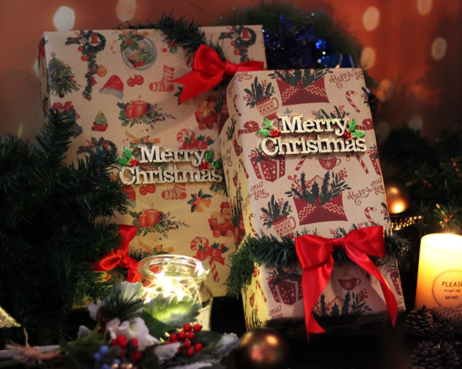 FullJoyHut Carta da Regalo Natalizio Set,tra cui 10 Carta da Regalo Natalizia,10 Etichette Regalo Natalizie Carta Kraft,4 Rotolo Corde di Luta e Cotone e Metallico per Confezione regalo di Natale