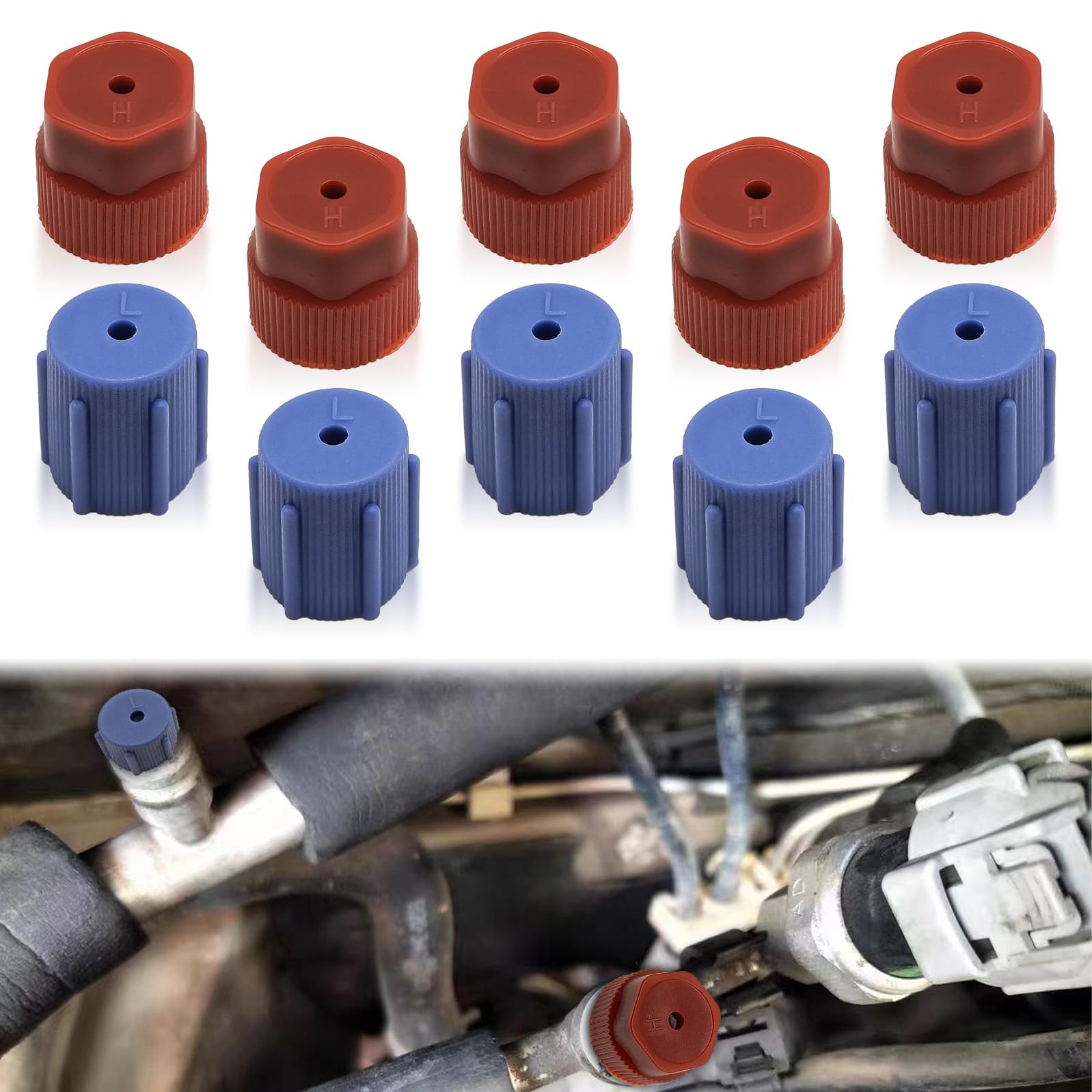 Photo 1 of 10Pcs R134a Cap A/C Cap 13mm & 16mm Air Conditioning Service AC System Charging Port Caps, 5 Sets Blue Low Side and 5 Sets Red High Side