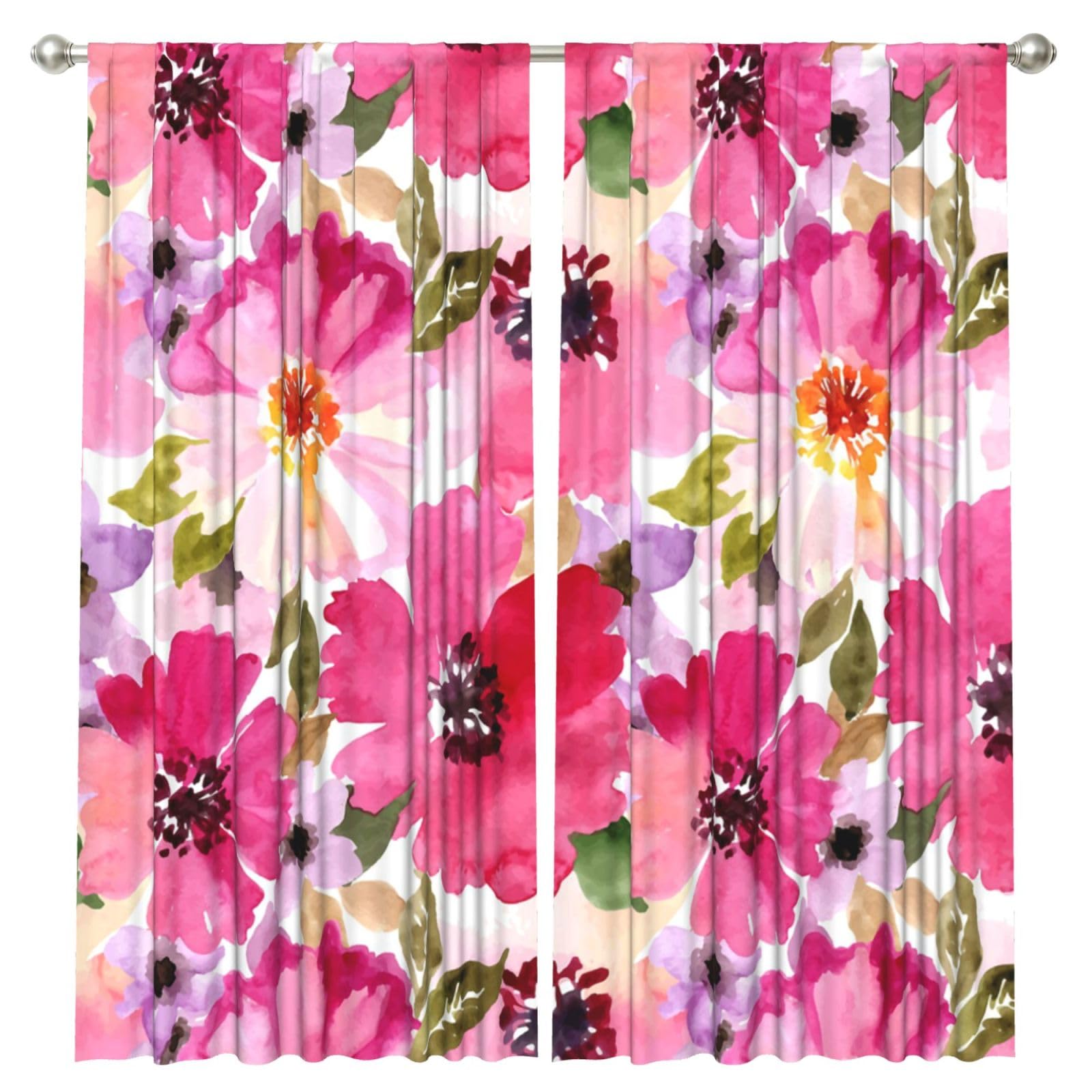 InOmak Watercolor Flowers Pink Fuchsia, 2 Panels Window Curtains 52 x 84 Inch Blackout Curtains for Living Room Bedroom
