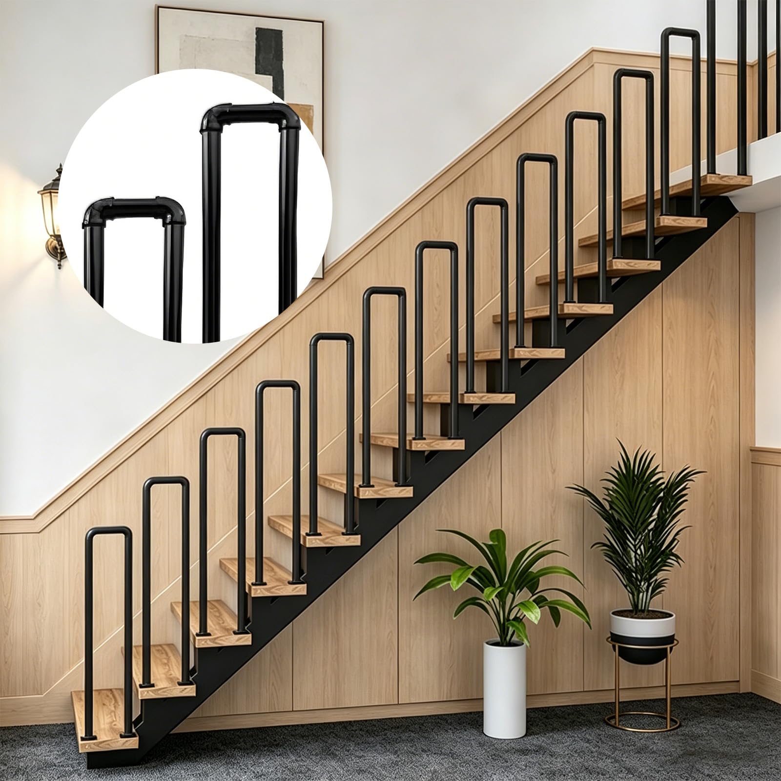 U-Shaped Stair Rail, Industrial Handrail with Connectors & Screws, Handrails for Outdoor Steps, Easy to Assemble, Metal Bannister Rail for Porch, Indoor and Outdoor（Black, 115CM-Round Corners）