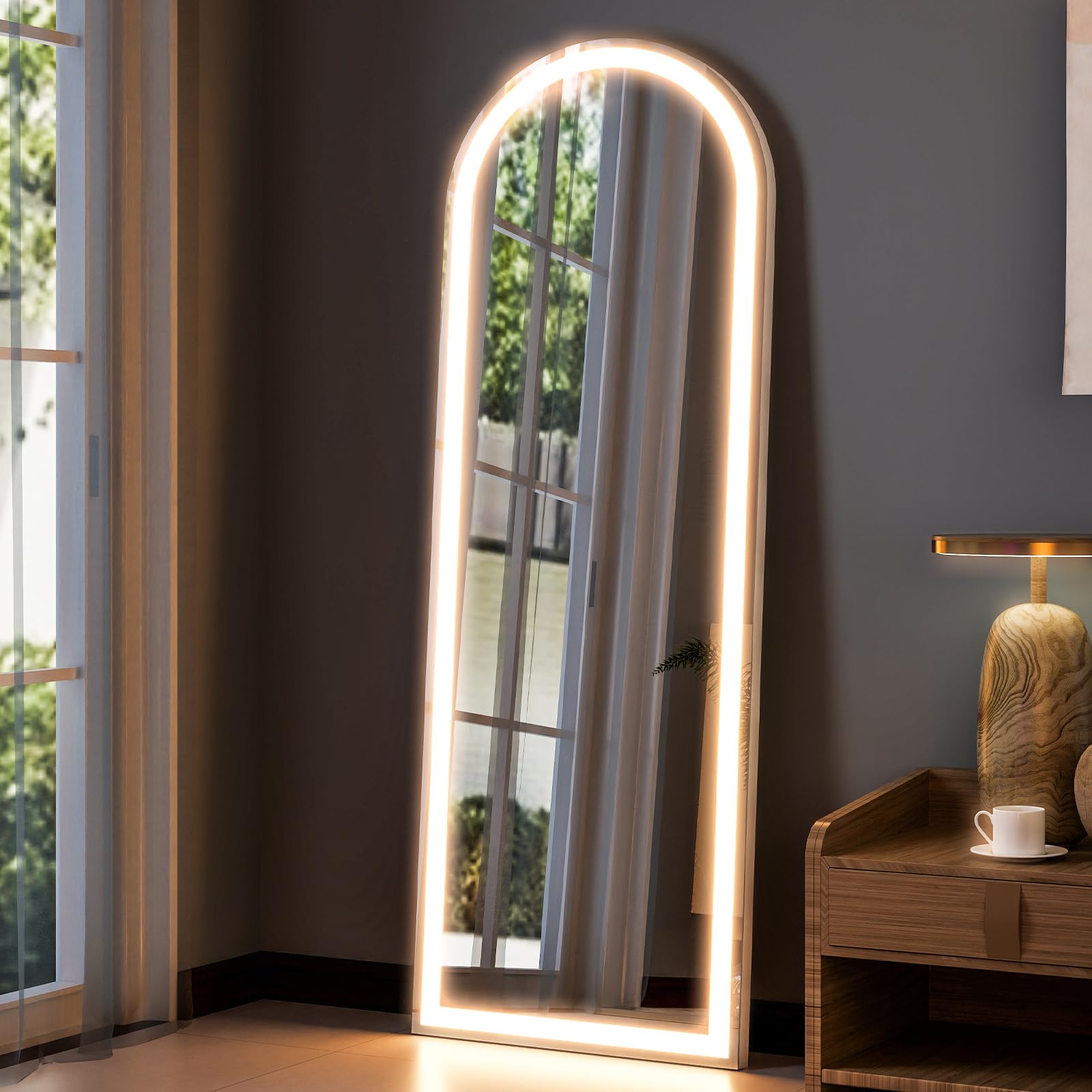 GLSLAND 20"x56" Arched LED Full Length Mirror with Lights – Wall Mounted or Standing Full Body Mirror for Bedroom/Cloakroom – Dimmable with 3 Color Lighting Modes: Arched 64"L x 21"W