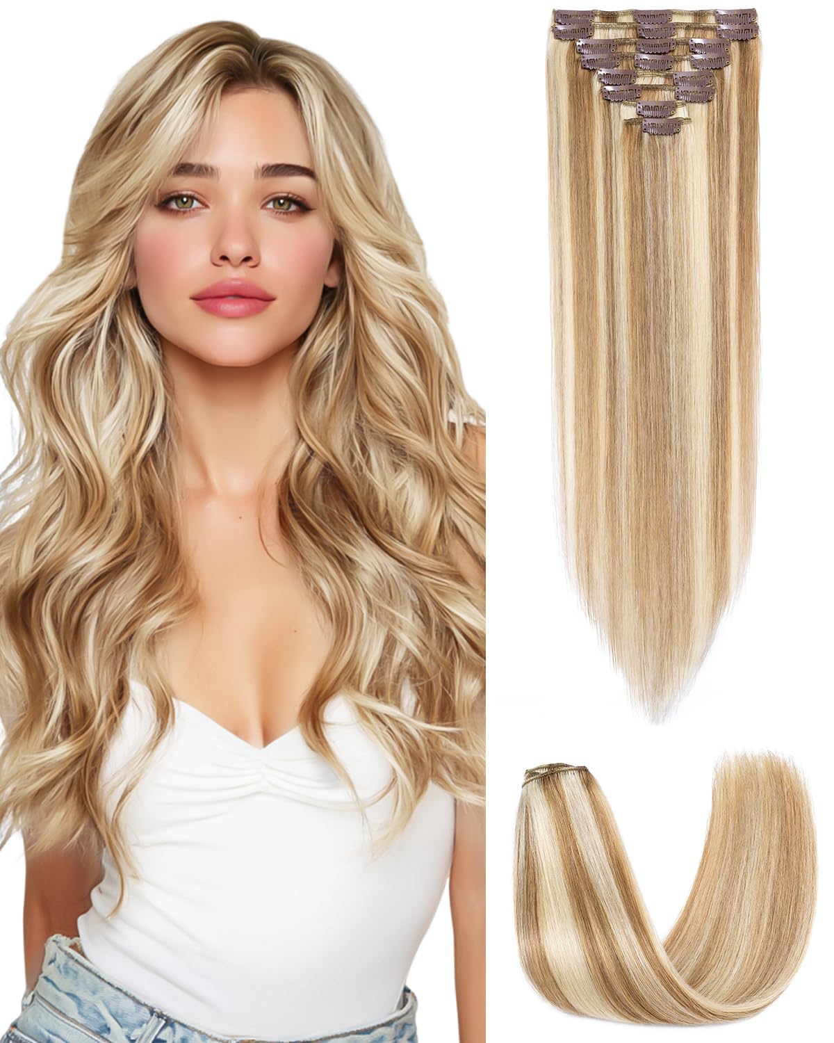 SLEEKALON Hair Extensions Clip in Real Human Hair Remy Highlighted #12/613 Golden Brown Mix Bleach Blonde