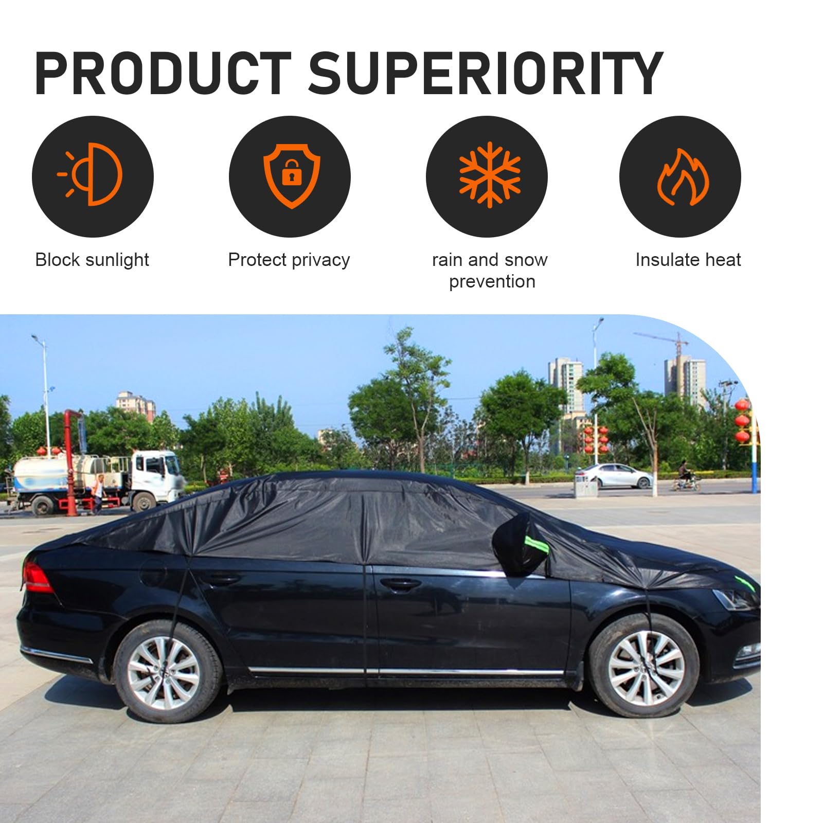 Opuweiy Car Half Cover Oxford Summer Rainproof Sunshade Cover All-season Thickened Car Roof Protector Universal for Sedans Black — view 4