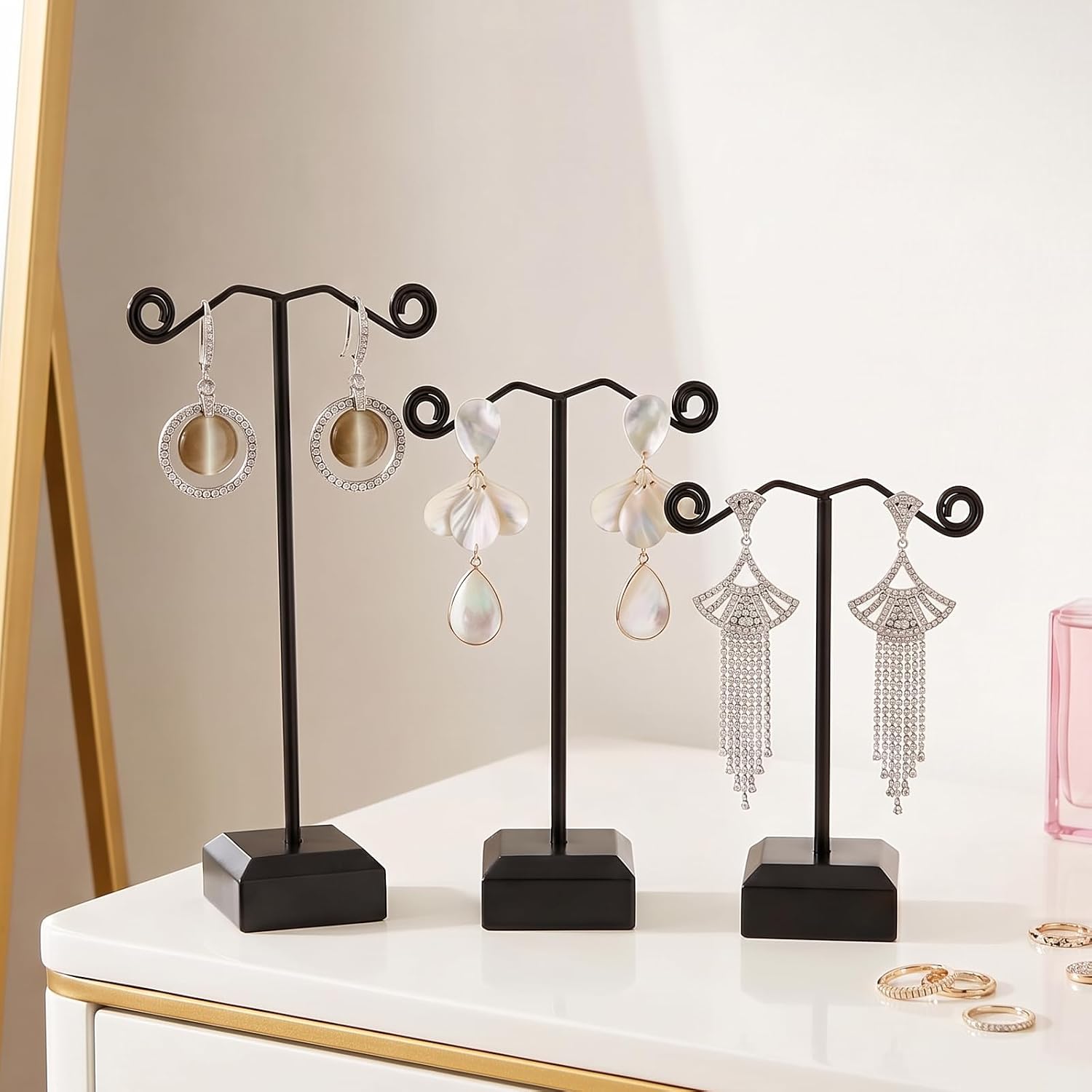 24 Pcs Metal Earring Holder, 3 Heights T-Bar Earring Display Stand with Plastic Base for Hoop & Stud Earrings, Black Jewelry Organizer for Retail Store, Trade Show, Craft Fair, and Home Use