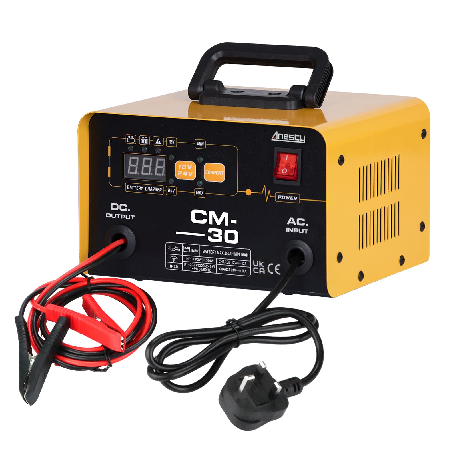 Anesty Cargador de batería de coche de 12 V, 24 V, 20-250 Ah, cargador de batería inteligente de plomo-ácido, unidad de carga automática de batería de coche resistente para furgoneta, motocicleta,