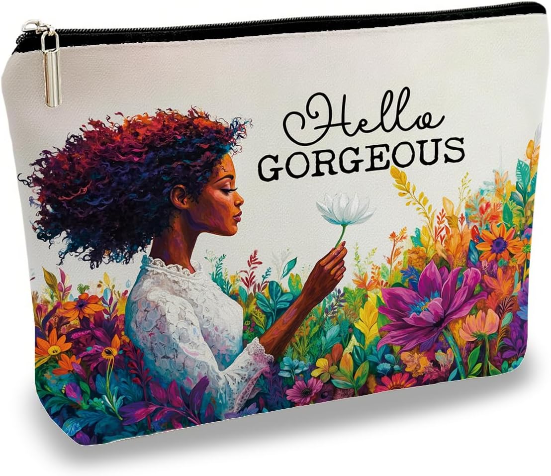 Hello Gorgeous Cosmetic Bag, Inspirational Gifts for Mom, Stylish Canvas Zipper Beauty Case Travel Gym Daily Use Durable Lightweight Compact Funny Printed 10x7 Inch