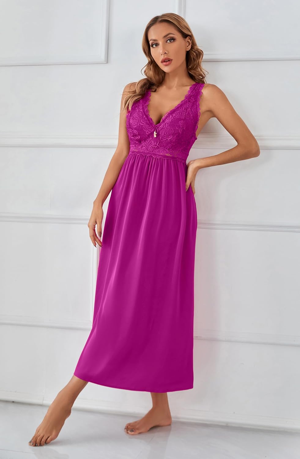 Mist Azur Womens Sexy Lace Long Lingerie Mesh Chemise V Neck Babydoll Nightdress with Thong Nightgown for Women - Image 6