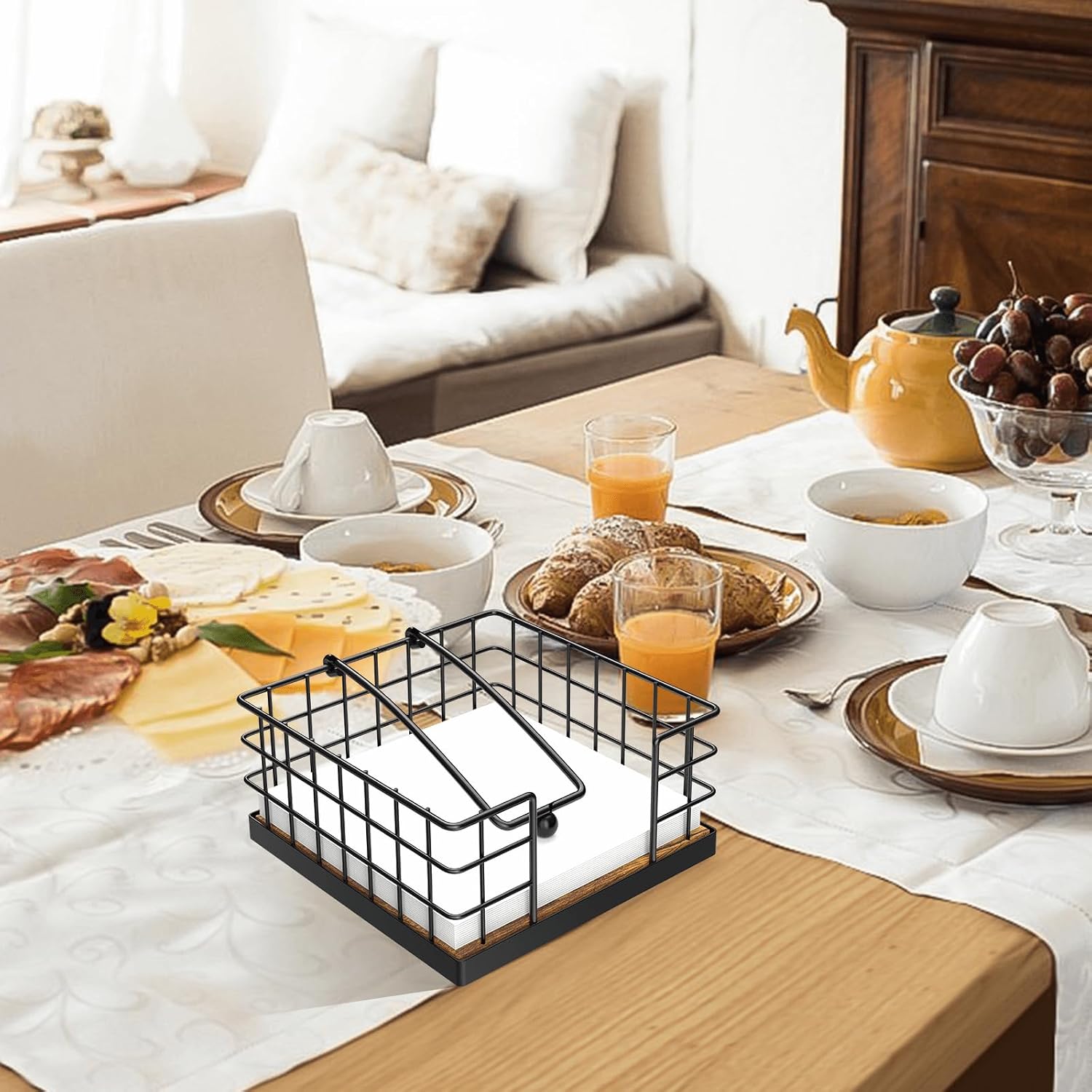 Homode Napkin Holder for Table, Farmhouse Napkin Holders for Paper Napkins, Flat Napkin Basket with Weighted Arm, Wood Kitchen Napkin Dispenser, Rustic Brown and Black