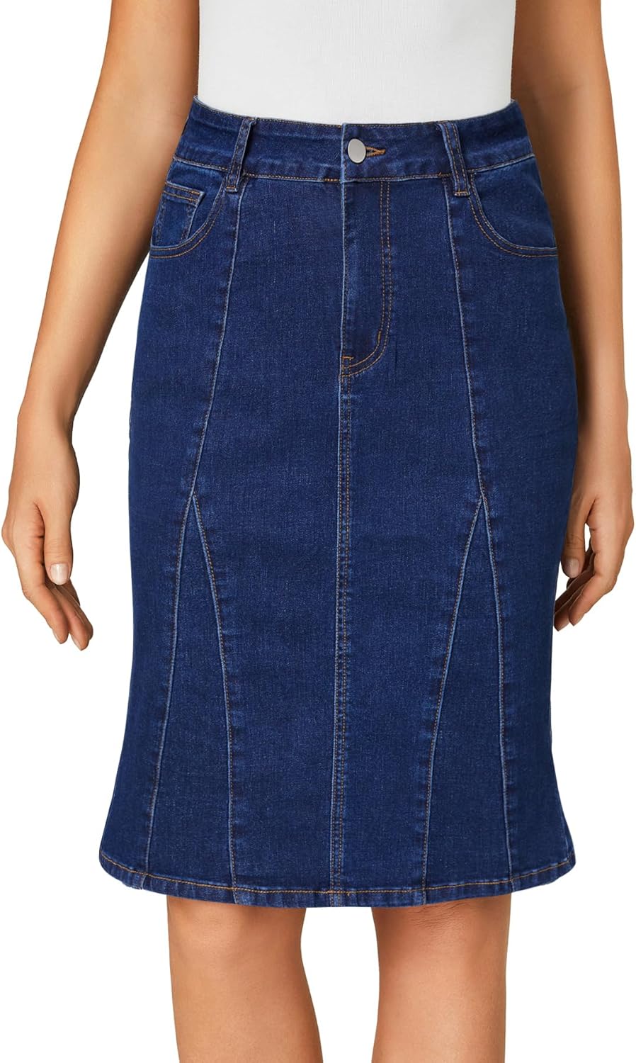 LYANER Women's Denim High Waisted Knee Length Pencil Mermaid Stretch Jean Skirt