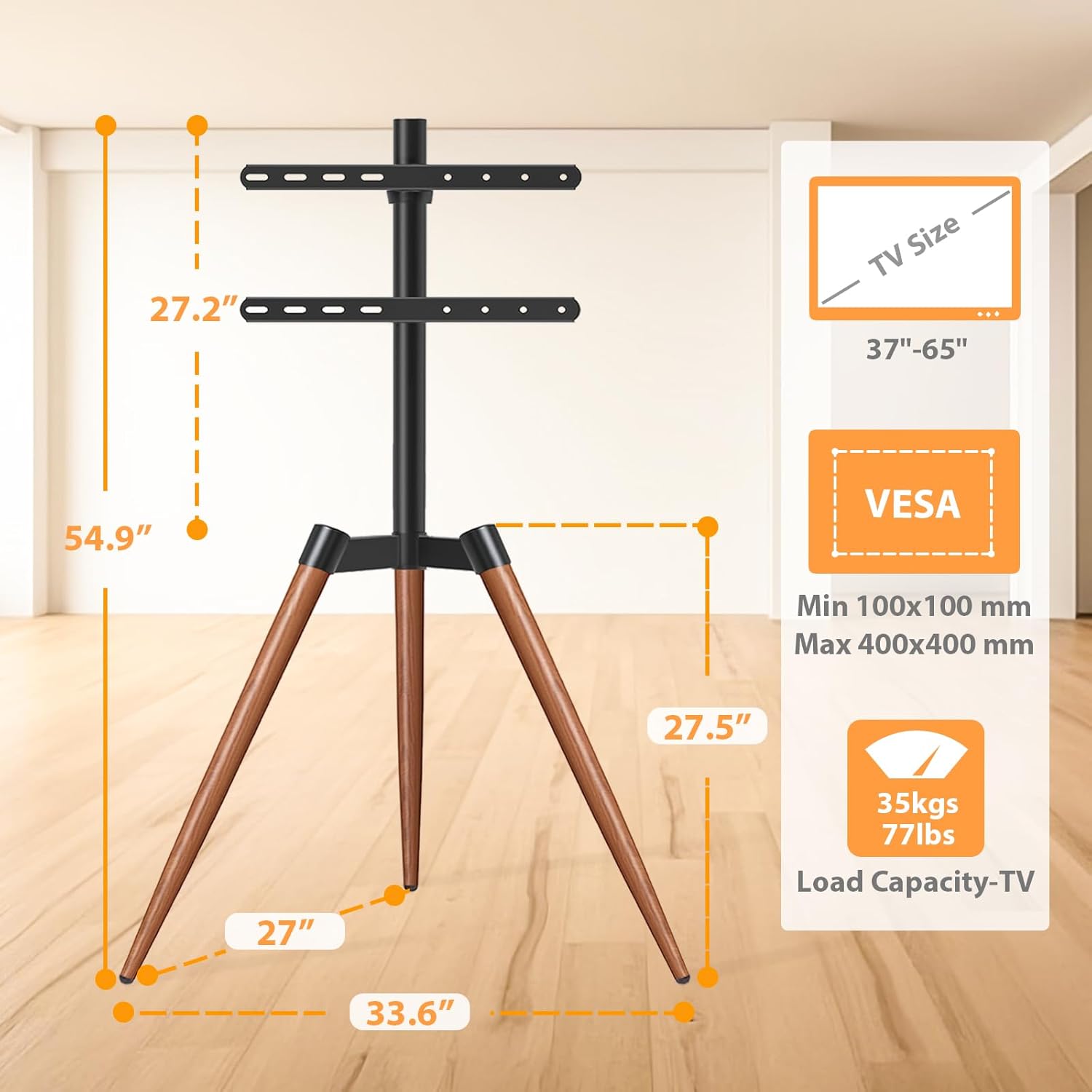 TVON Easel TV Stand with Tripod Base for 37–65 Inch Flat/Curved Screen TVs up to 77 lbs, Height Adjustable TV Floor Stand with Cable Ties and 100° Swivel for Bedroom, Living Room, Studio, Brown