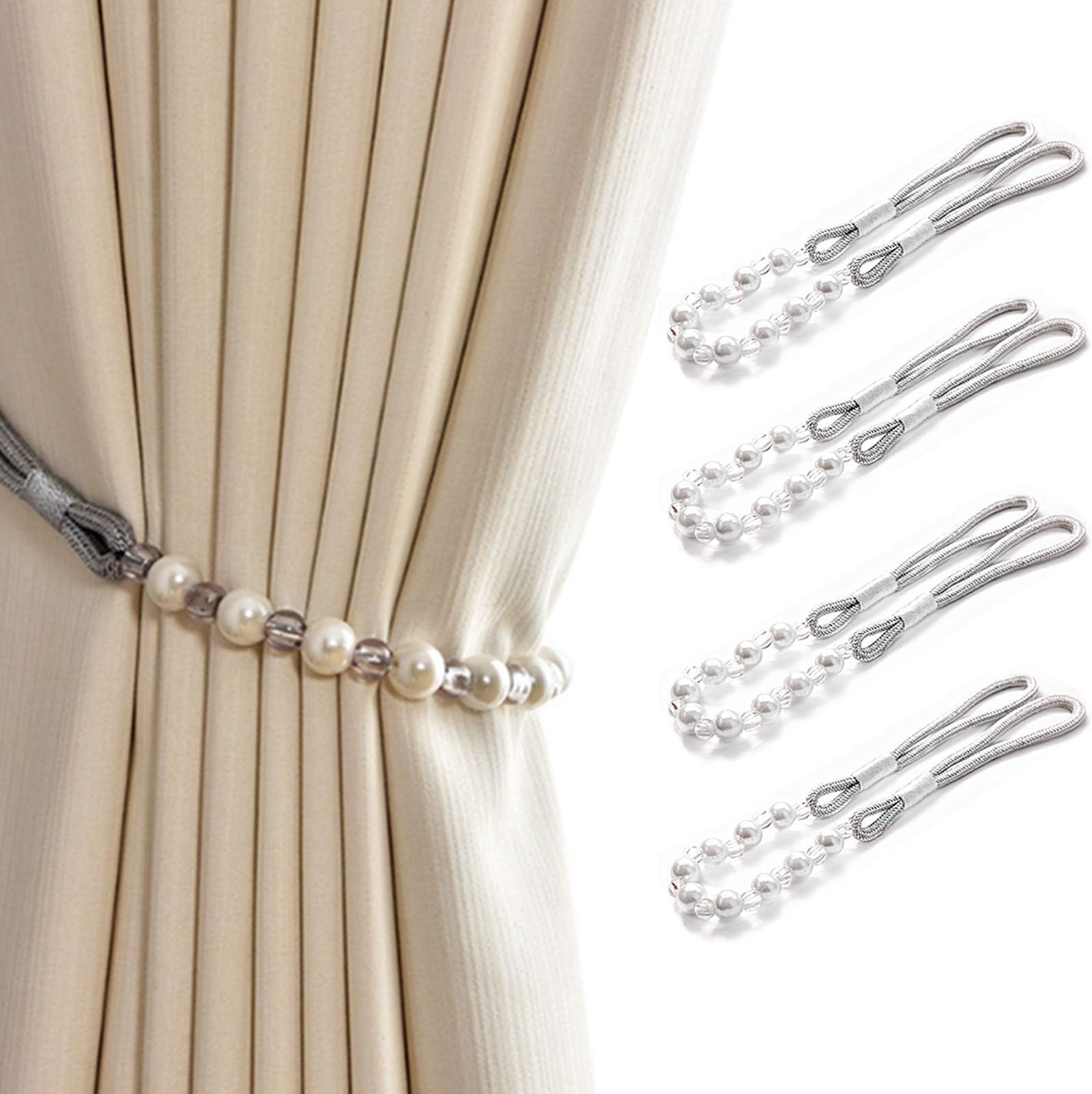 4PCS Artificial Pearls Curtain Holdbacks, Elegant Beads Straps, Decorative Bead Curtain Rope Holdbacks (Gray)