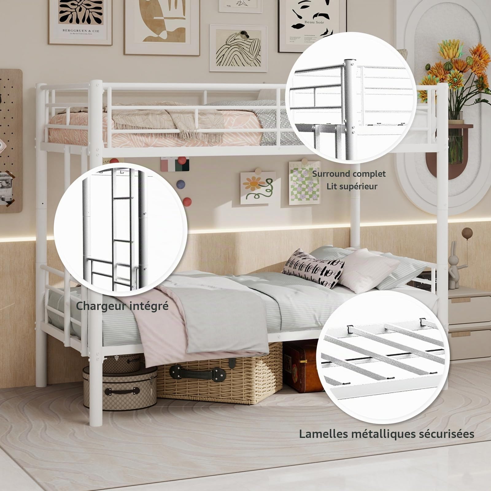 YEHTOKHOME Lit Superposé 2 Places 90x190 en Métal, Transformable en 2 Lits Séparés avec Échelle Antidérapante, Barrières Sécurité, pour Adolescents (sans Matelas) (C-Blanc)