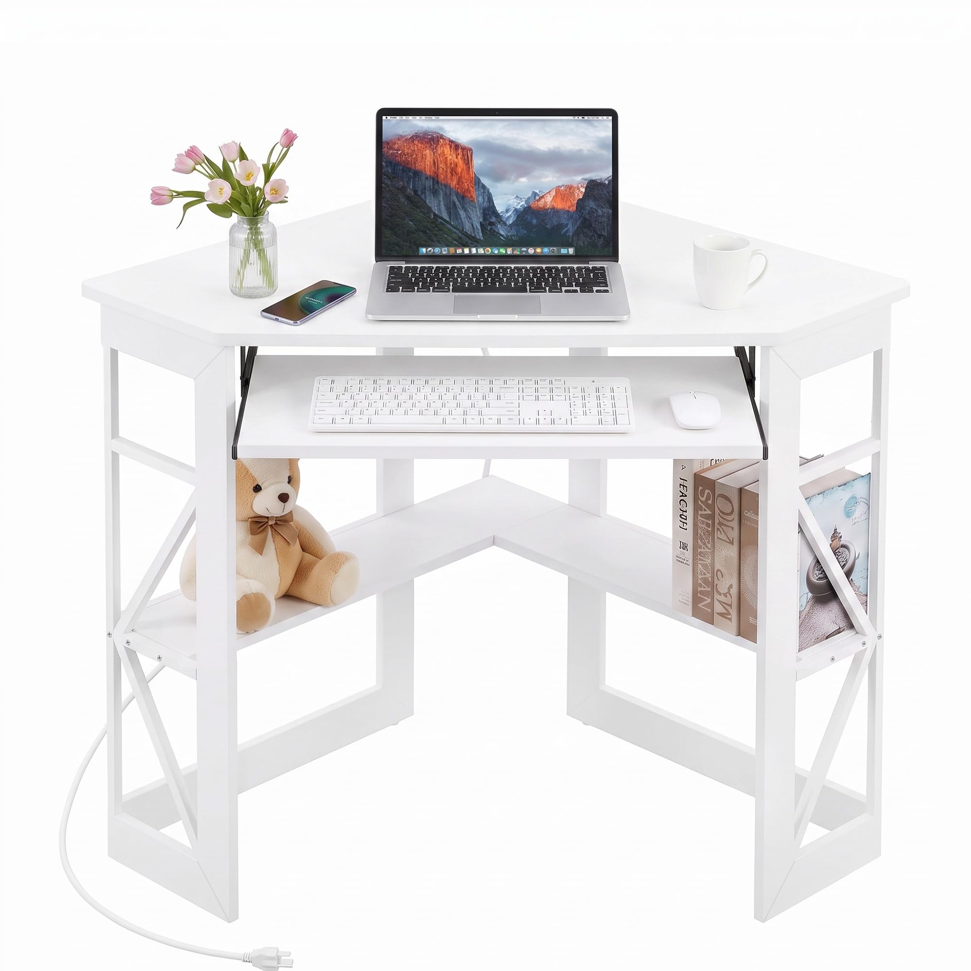 VECELO Corner Desk, Triangle Computer Desk for Small Space with Charging Station and Keyboard Tray, Corner Makeup Table with Storage Shelves for Home Office Bedroom, 41x30, White