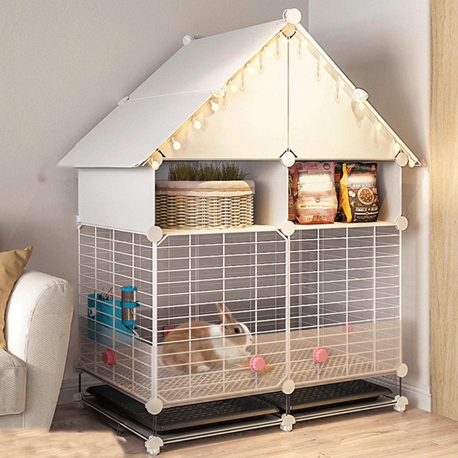Rabbit House Cute Bunny Cage Indoor Made of Iron, Rabbit Hutch Indoor House-shaped Small Animal Cage with Storage Space 75 * 39 * 102cm Pink, White (Color : White)