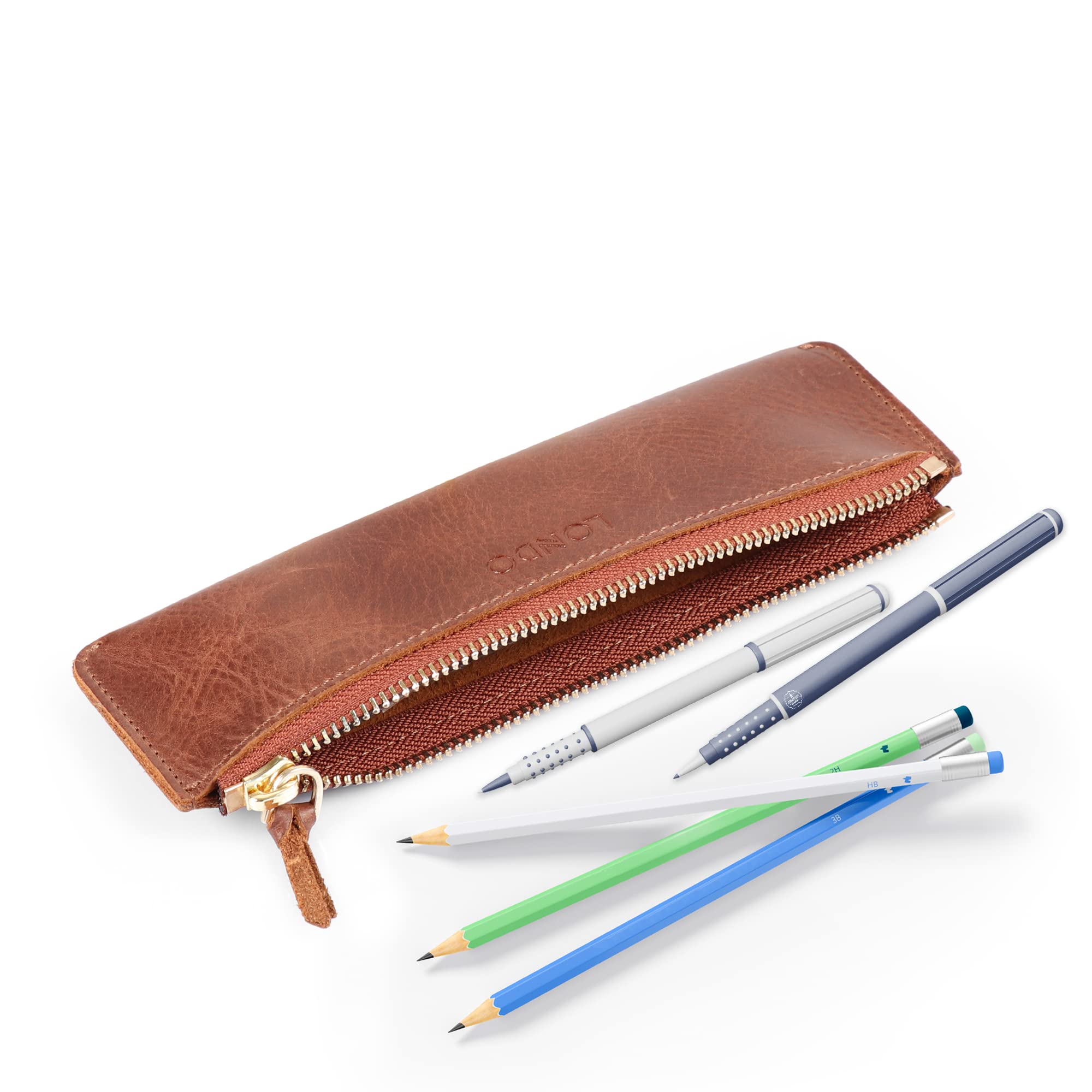 LONDO Zippered Genuine Leather Pen and Pencil Case Cosmetic Pouch (Brown v2), Brown1 - Image 2