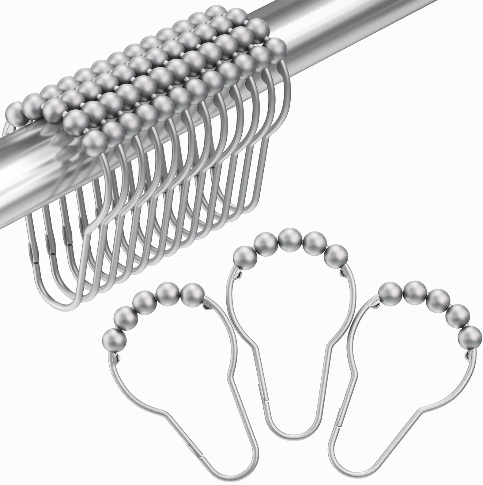 Amazer Shower Curtain Hooks, Decorative Shower Curtain Hooks Rust Proof Stainless Steel Shower Curtain Hooks, Shower Hooks for Shower Curtain Bathroom 12PCS, Space Silver