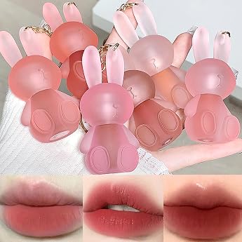 6 Colours Lipstick Matte Lipstick Set Cute Rabbit Lip Glaze 2 in 1 Key Chain Lip Gloss Lip Stain Waterproof Non-Stick Cup Long Lasting Lip Clay Cute Lip Makeup