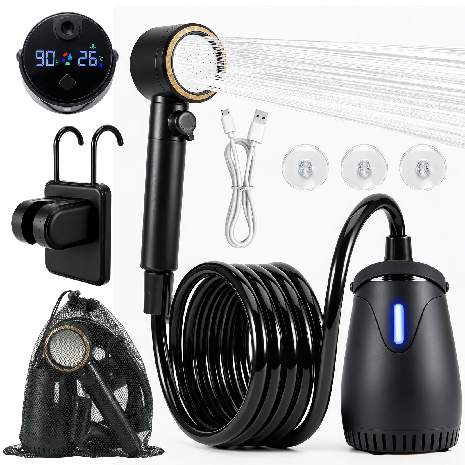 Campingdusche Tragbare, 8000mAh Camping Dusche mit Pumpe, Outdoor Mobile Dusche mit Smart Display Duschkopf und Schlauch für Camping Garten Auto Reisen Haustier