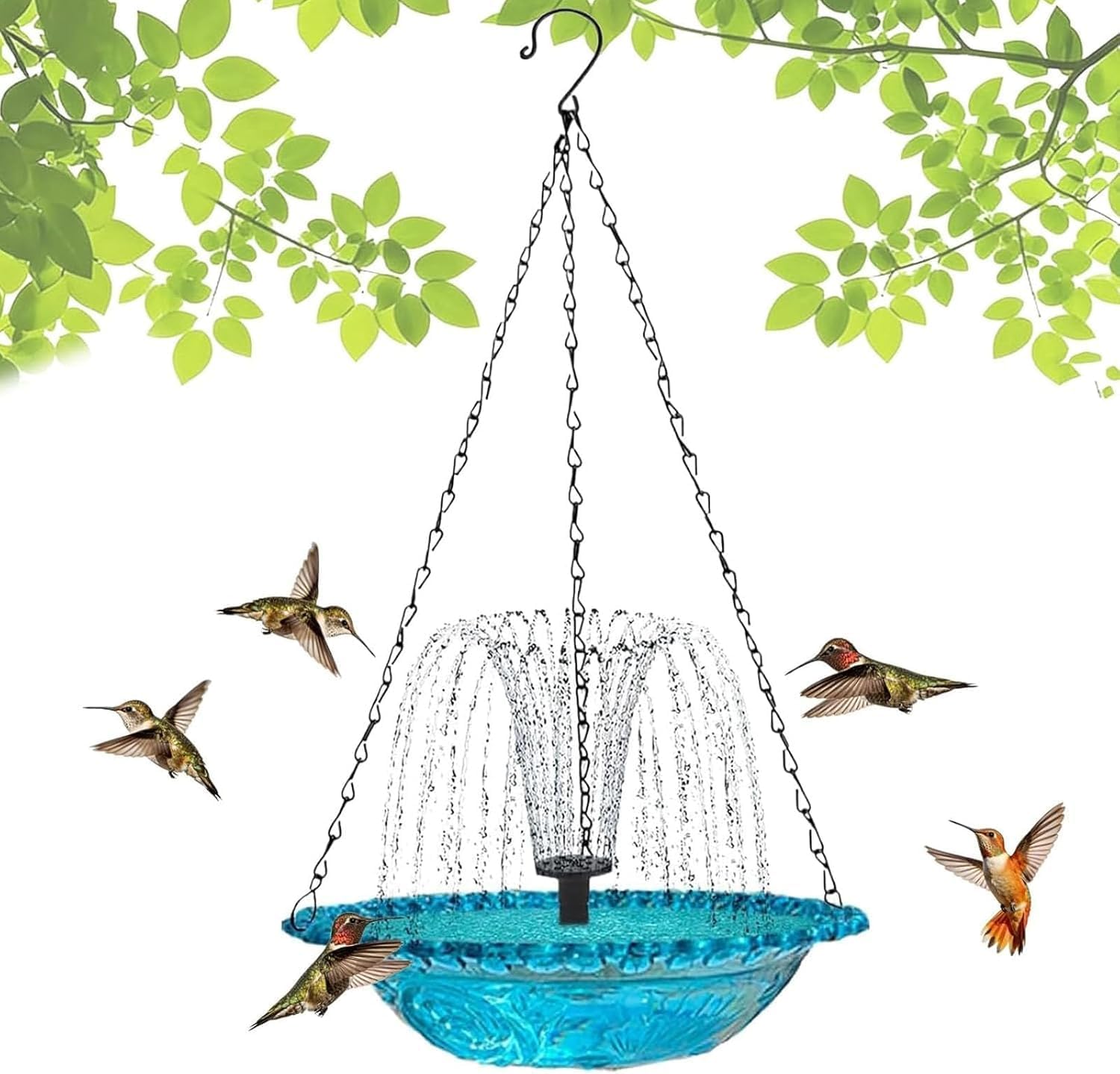 Solar Cascade Hanging Bird Bath Fountain, Outdoor Hanging Birdbath with Solar Pump, Large Glass Bowl for Hummingbirds, Decorative Garden Water Feature for Patio Yard (Blue)