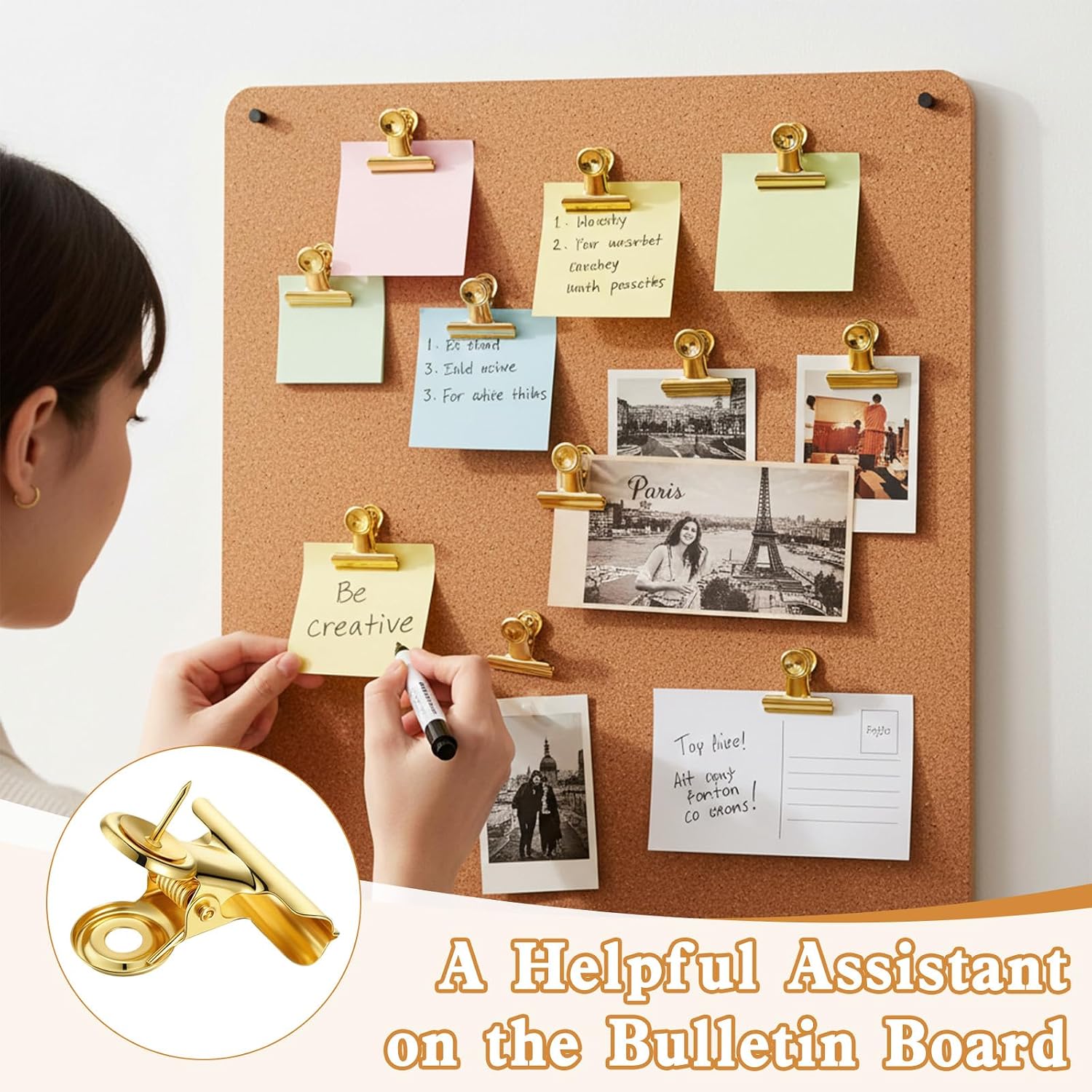 30 pcs Gold Push Pins Clips, Thumb Tacks with Metal Clips Push Pins Clip Metal Thumb Tacks Upgraded for Cork Board Bulletin Board Cubicle Wall No Holes Home Office School image 4