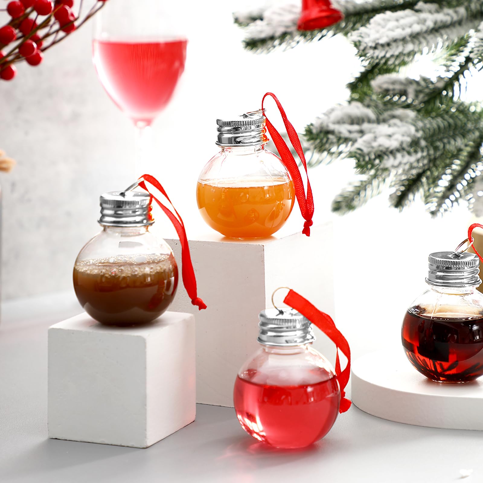Patelai Lot de 50 boules de Noël en verre à shot en plastique à remplir pour sapin de Noël - Ampoules pour décoration de fête de vacances intérieure et extérieure (transparent avec couvercle argenté)