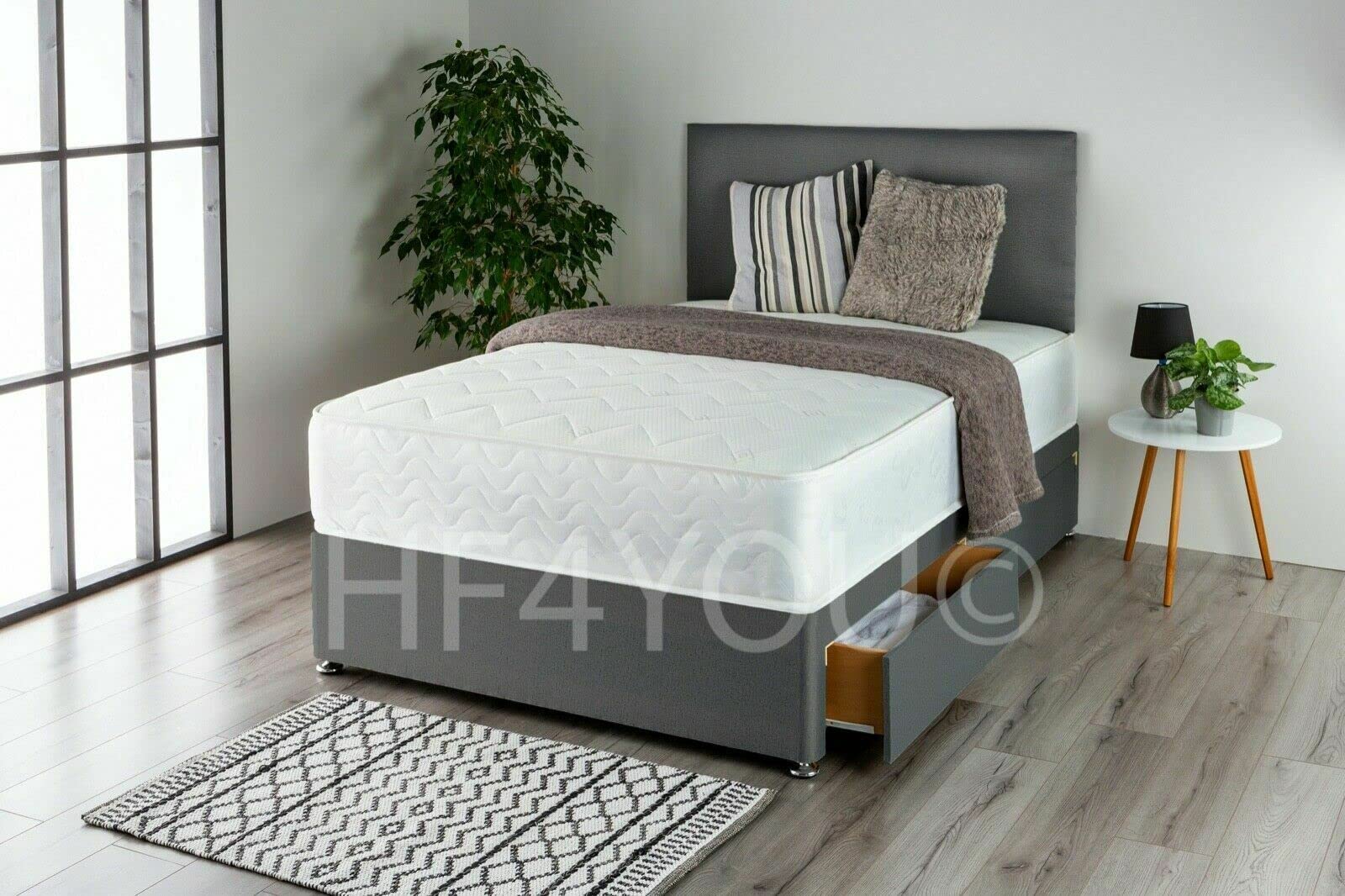 GHOST BEDSLinos Fabric Divan Bed Set with 1000 Pocket Memory Mattress & Matching Headboard (3FT6 LARGE SINGLE, GREY)