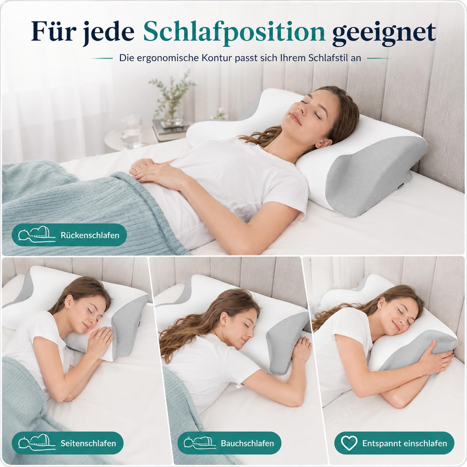 Nucca Kissen, Ergonomisches Nackenstützkissen aus Dual-Density-Schaum | Drei Komfortzonen, seitliche Armaussparungen und waschbarer Bambusmix-Bezug für Rücken-, Seiten- und Wechselschläfer.