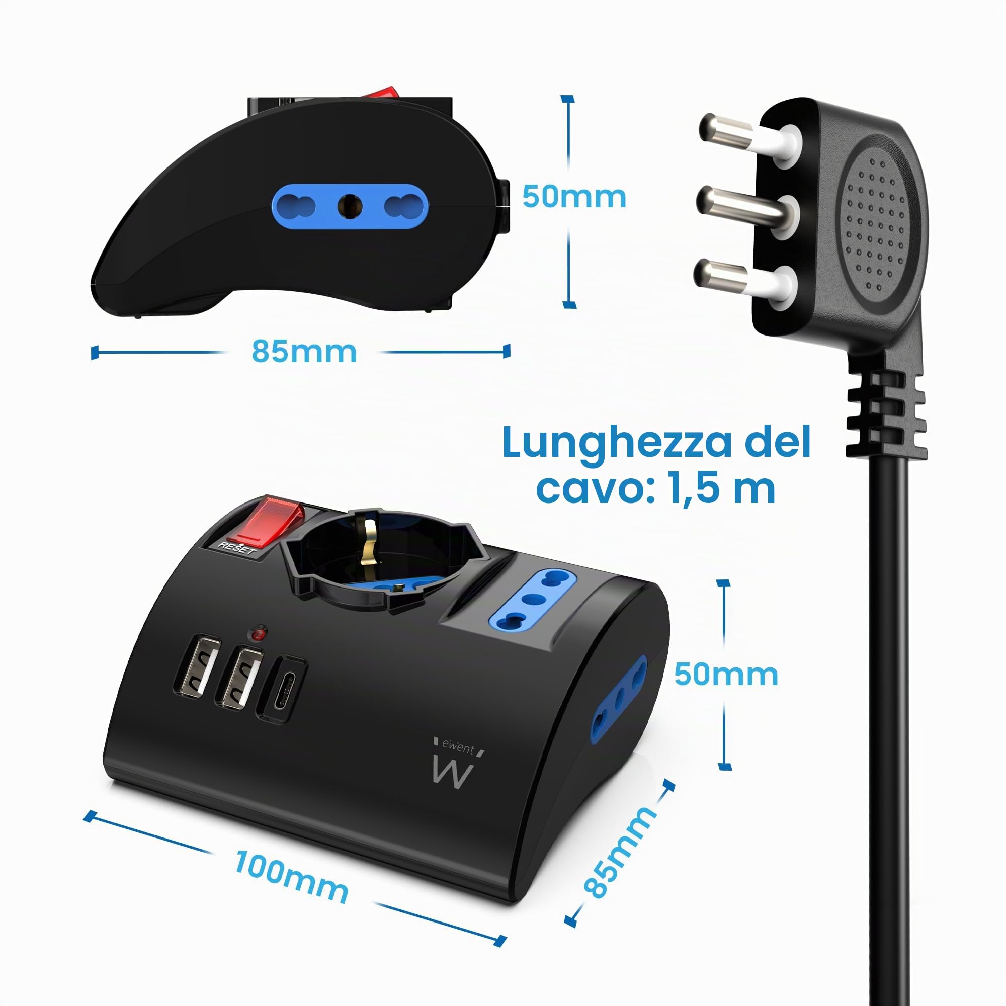 Ewent Multipresa da scrivania/tavolo con 3 Prese 10/16A e 2 porte USB-A e 1 porta USB-C, Interruttore ON/OFF, 3500W, Protezione da Sovraccarico,Spina IT10A e cavo da 2mt,Nera, 3 prese (2ITA/Schuko)
