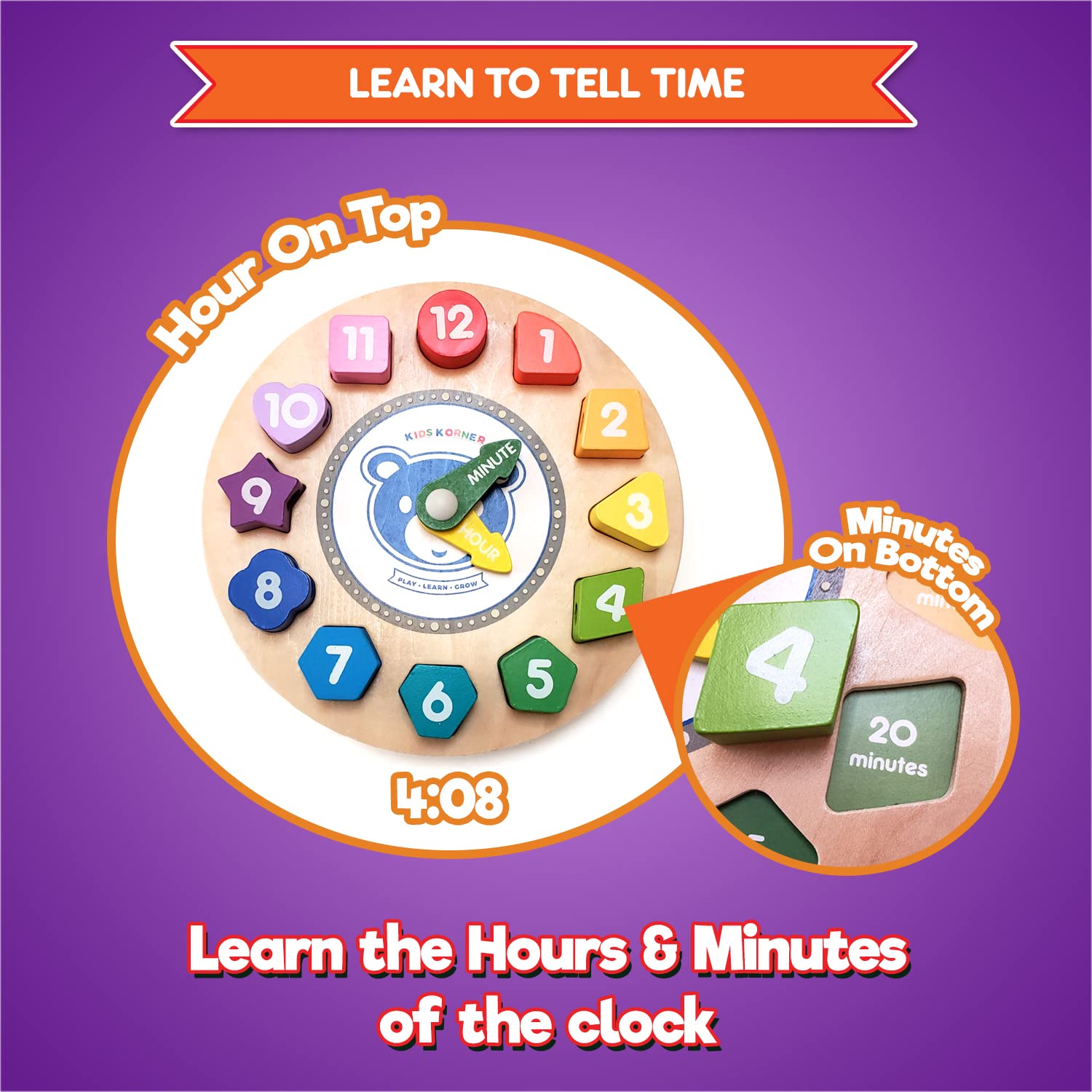 Lace & Learn - Reloj de madera para niños – Formas, colores, cordones y decir la hora – Brilla en la oscuridad habilidades motoras finas y juguetes de madera con libro electrónico de actividades 3