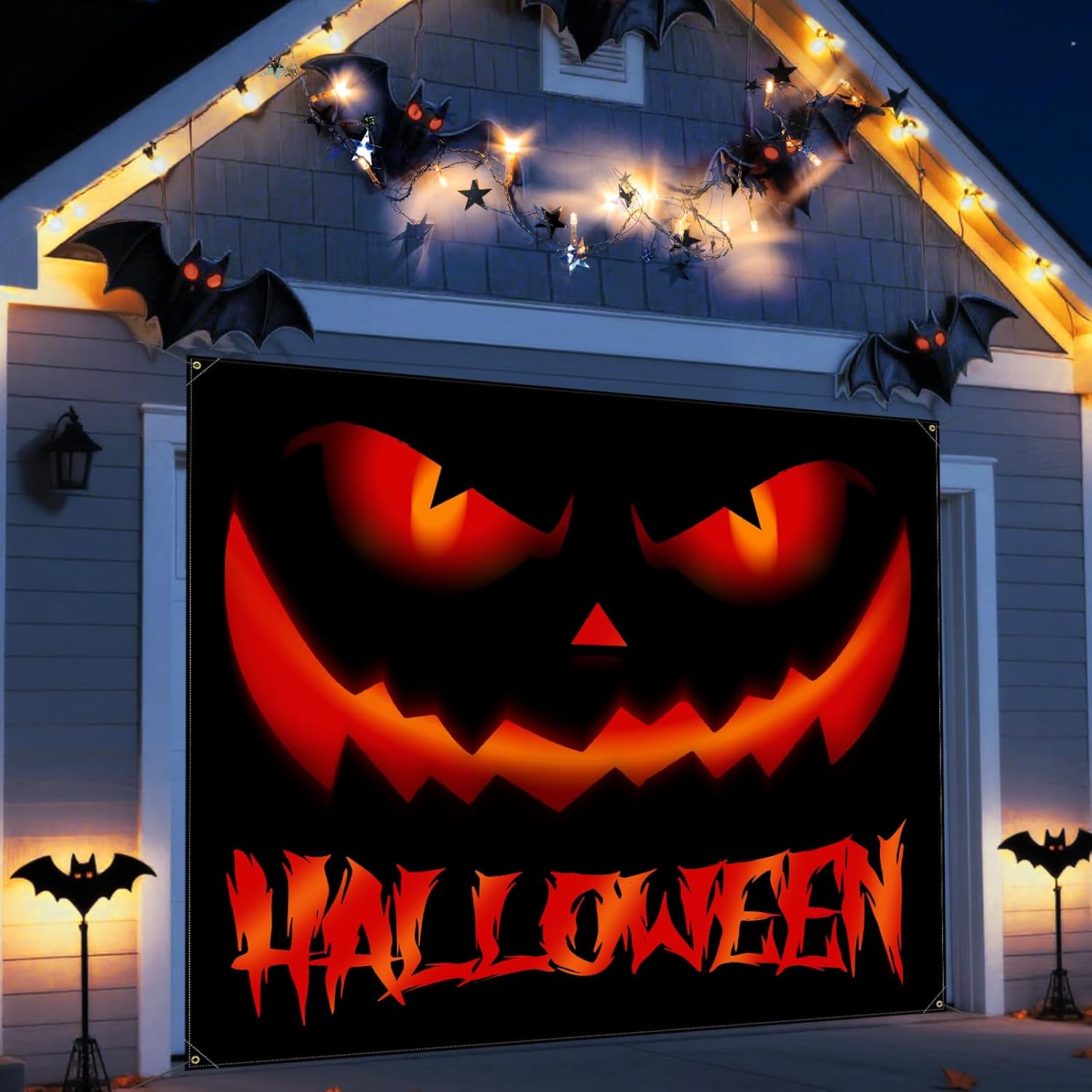 7x8ft Halloween Garage Door Cover, Pumpkin Garage Door Banner Hanging Pumpkin Backdrop Halloween Wall Decorations for Outdoor Indoor Single Garage Door Skins