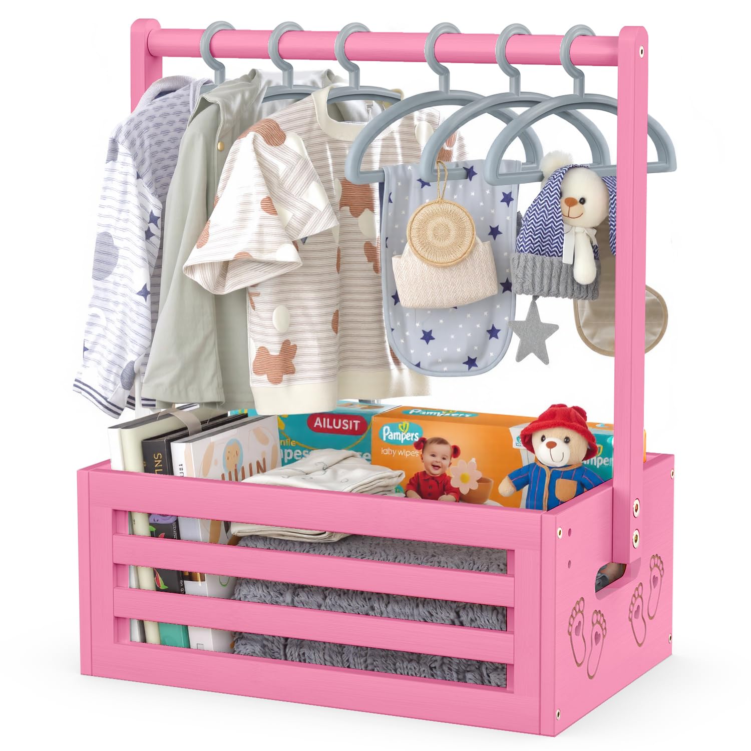 BAMBOOHOMIE Baby Shower Crate Closet, Shower Party Basket with Hangers Handle, Bamboo Gift Crate Box