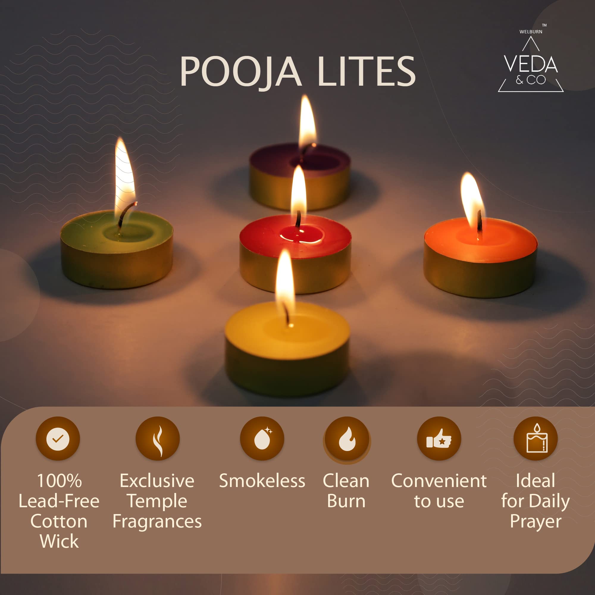 Welburn Veda&Co® Pooja Scented Tealight Candles wih Temple Bells Fragrance | Upto 4 Hours Burning Time| Made with Deepam Oils & Natural Waxes for Home Temple, Offices & Special Occasions Multicolor 1