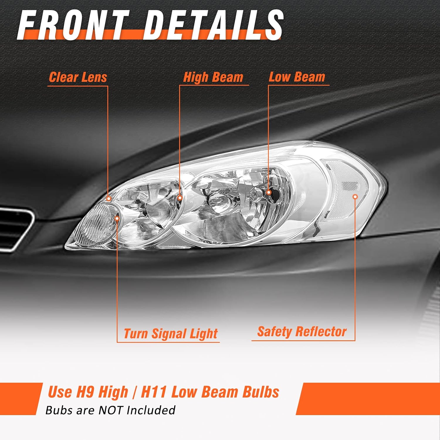 Headlight Assembly for 2006 2007 2008 2009 2010 2011 2012 2013 Chevy Impala Fit 14-15 Impala Limited / 06-07 Monte Carlo Clear Lens Chrome Housing Clear Reflector Headlamp Replacement Pair