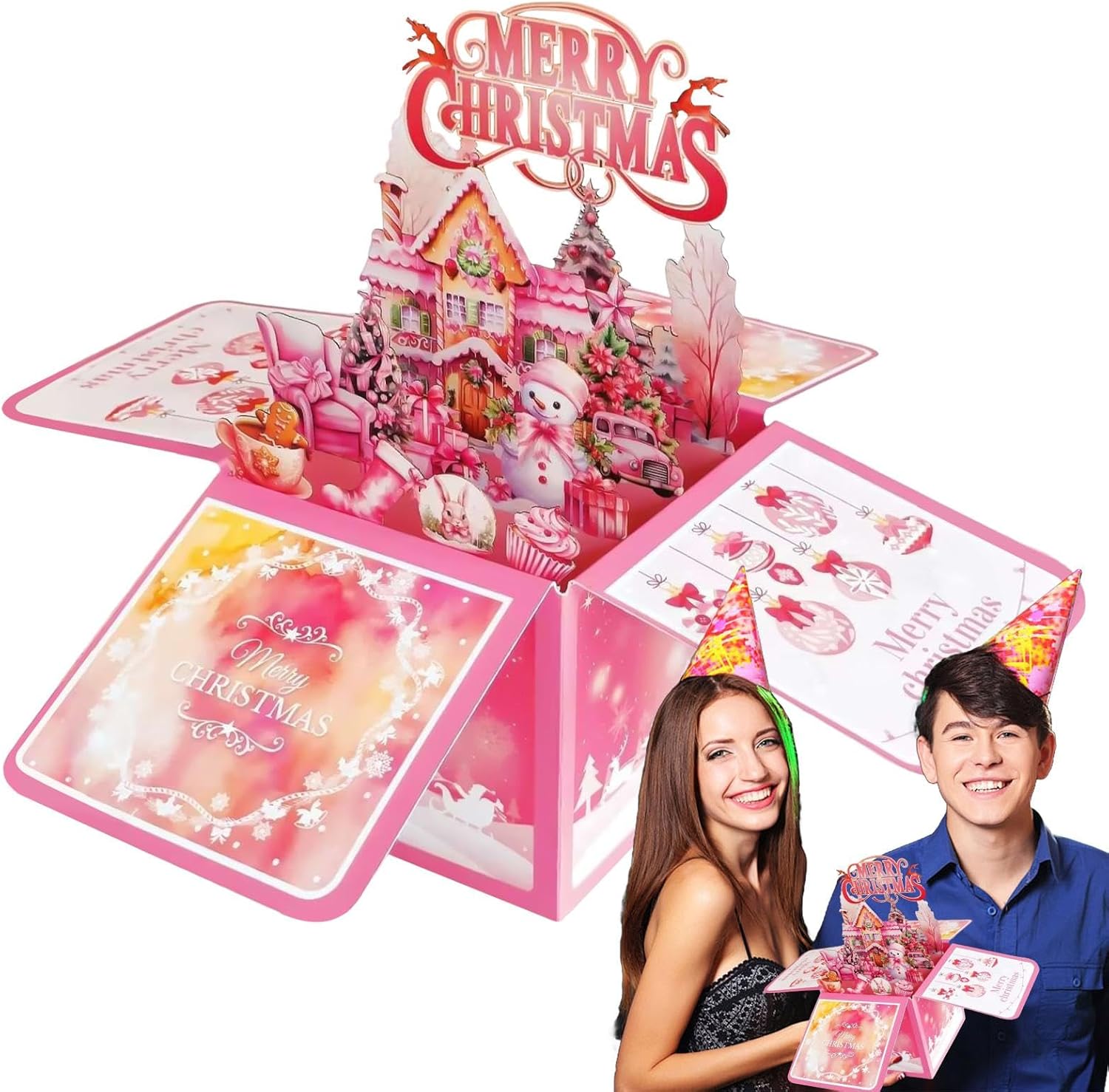 Christmas Greeting Cards Pop up Musical Greeting Cards,Pink Greeting Cards, Holiday Greeting