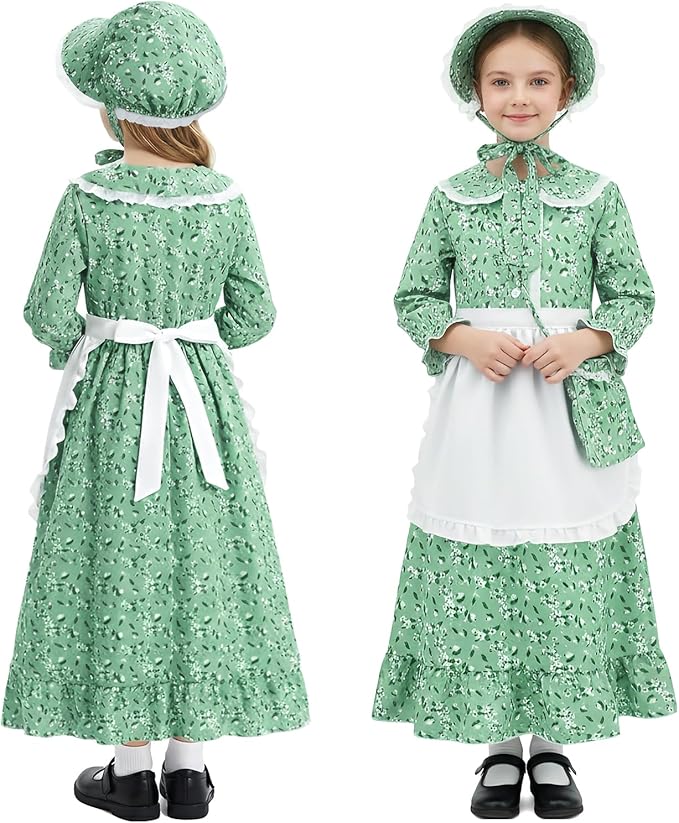 Disfraz Colonial Pioneer para Niñas con Vestido Floral, Gorro y Bolsos miniatura 2