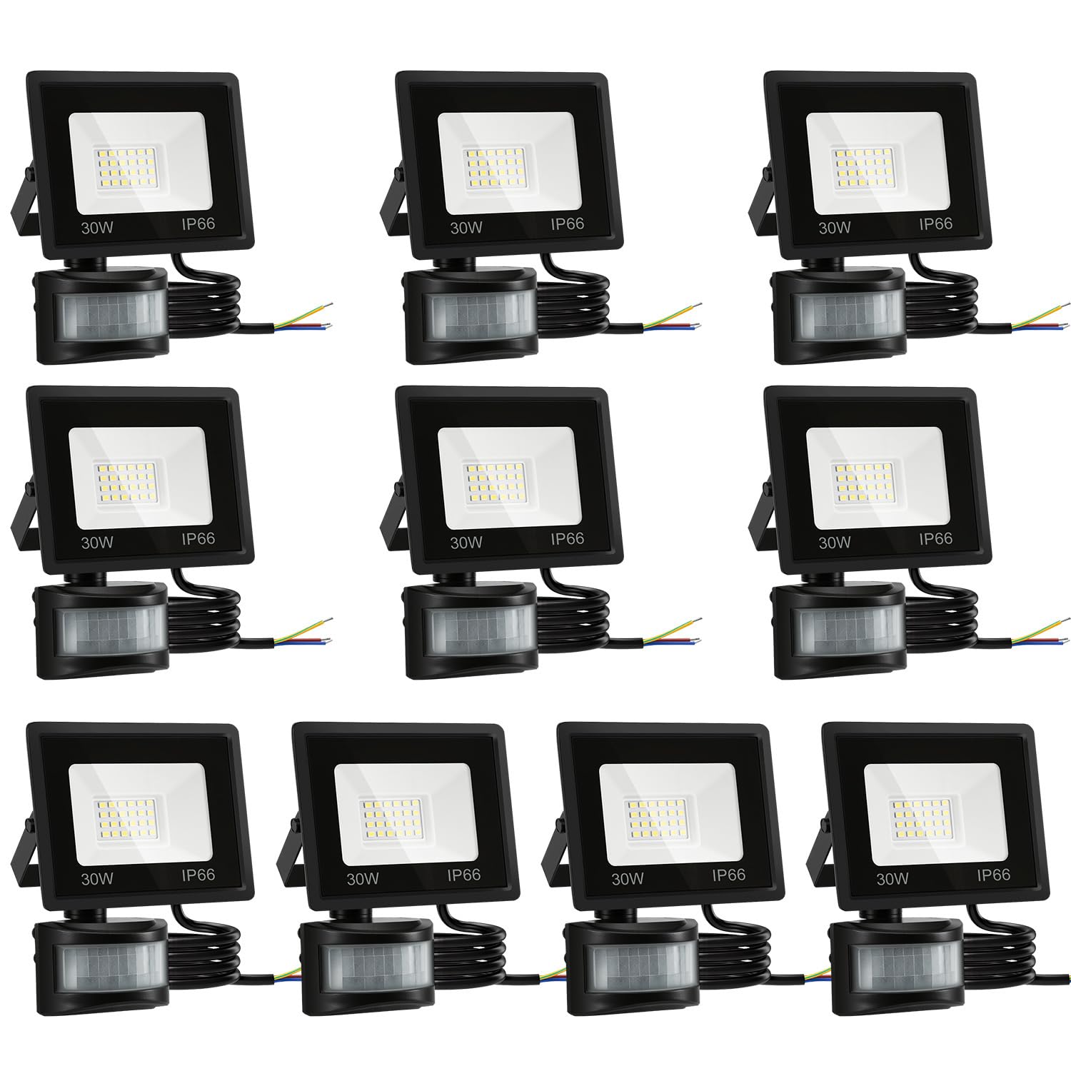 LED Strahler IP66 Wasserdicht mit Bewegungsmelder – 10 Stücke 2400LM 6000K Kaltweiß Superhell, Innen/Außen Scheinwerfer für Sportplatz & Garage (kein Stecker)