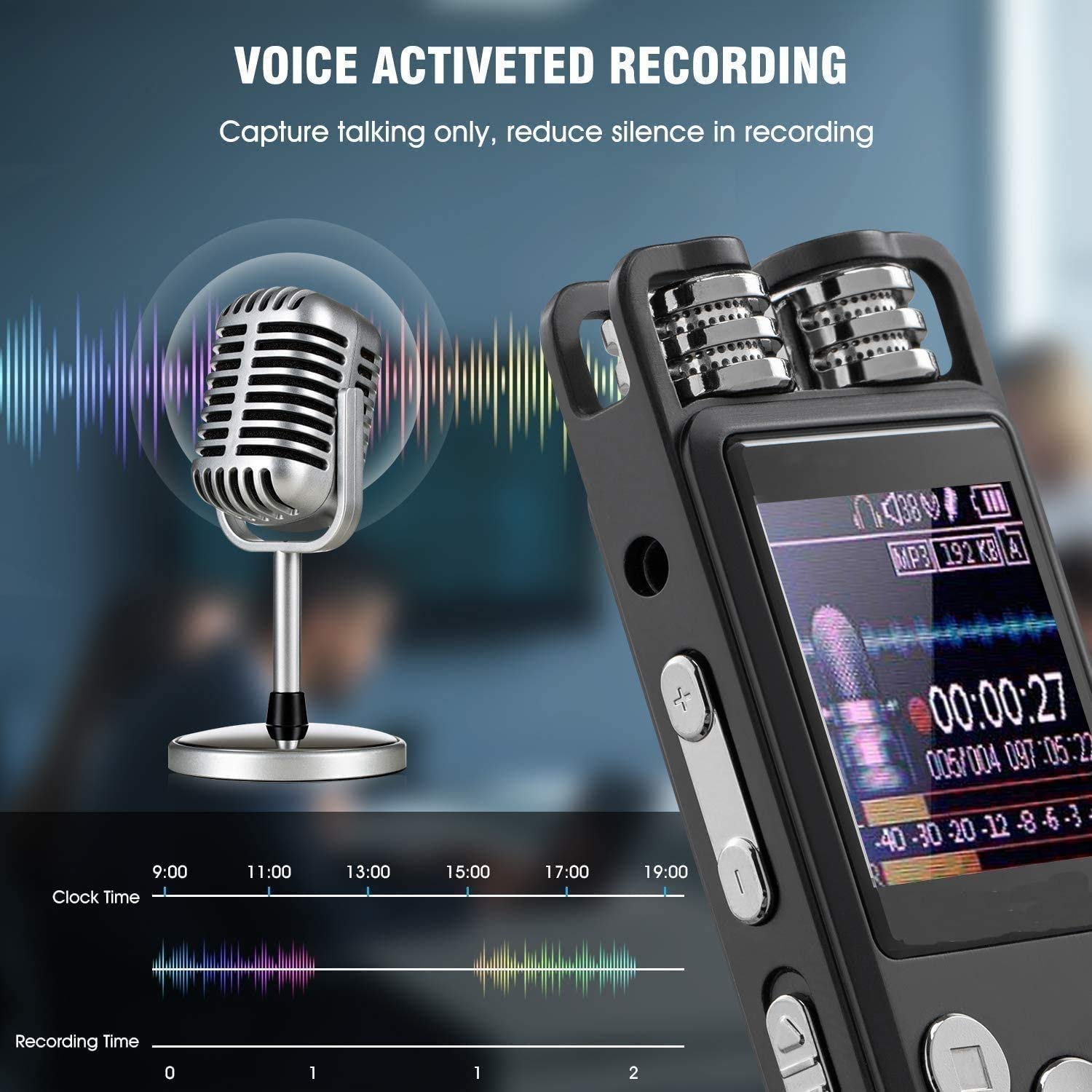 Enregistreur vocal portable, enregistreur vocal intelligent haute définition externe MP3, avec réduction de bruit de microphones à double microphone, enregistreur actif vocal pour une réunion