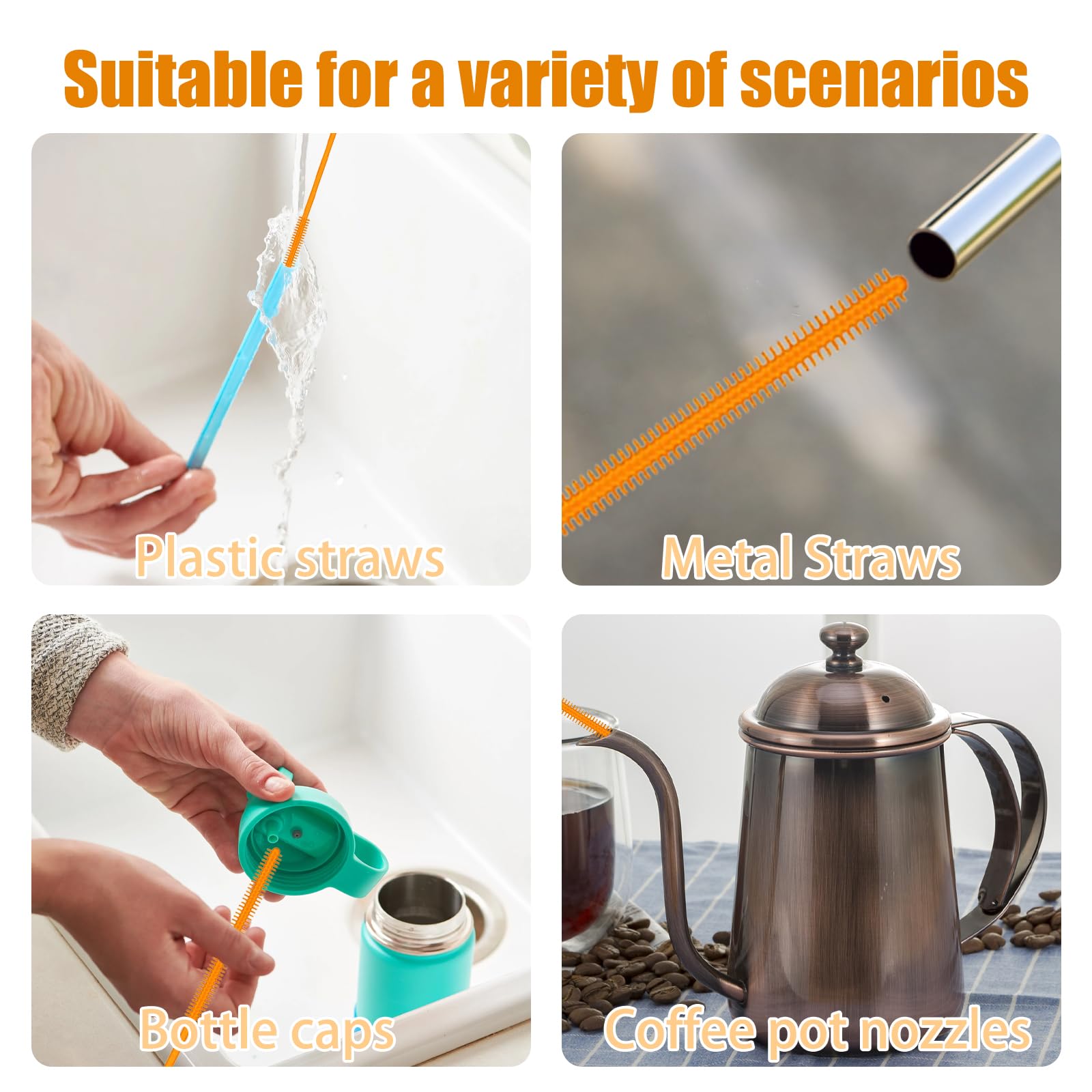 Juego de 3 Extralargos Cepillo Limpia Pajitas y Cepillo Limpieza Tapa Taza,Cepillo Pajitas Silicona,Limpiador de pajitas Colgable,Reutilizable Plegable,para Limpiar pajitas Tazas