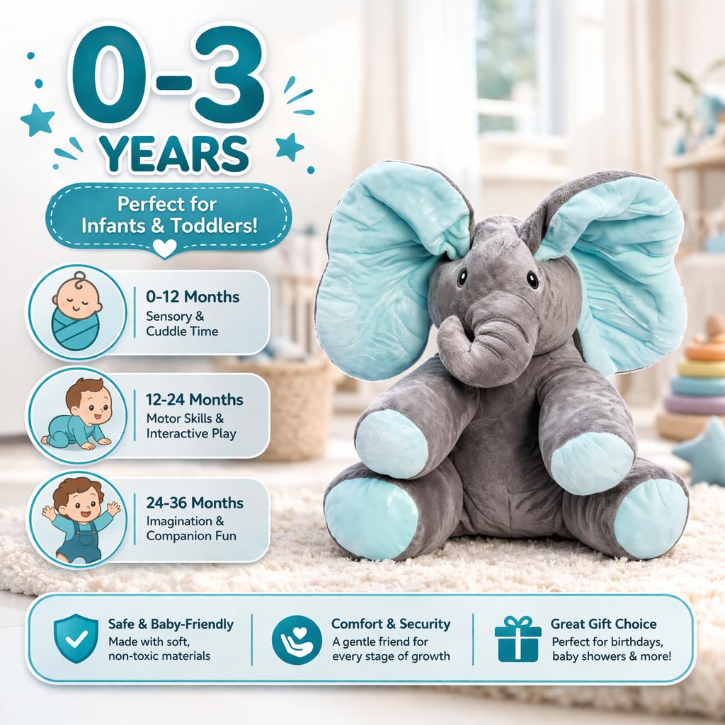 Monex Musical Elephant Plush Toy for Babies & Kids | Peek a Boo Elephant Toy with Flappy Ears | Soft Stuffed Animal Interactive Toy for Toddlers, Infants & Gift Purpose (Blue) 3
