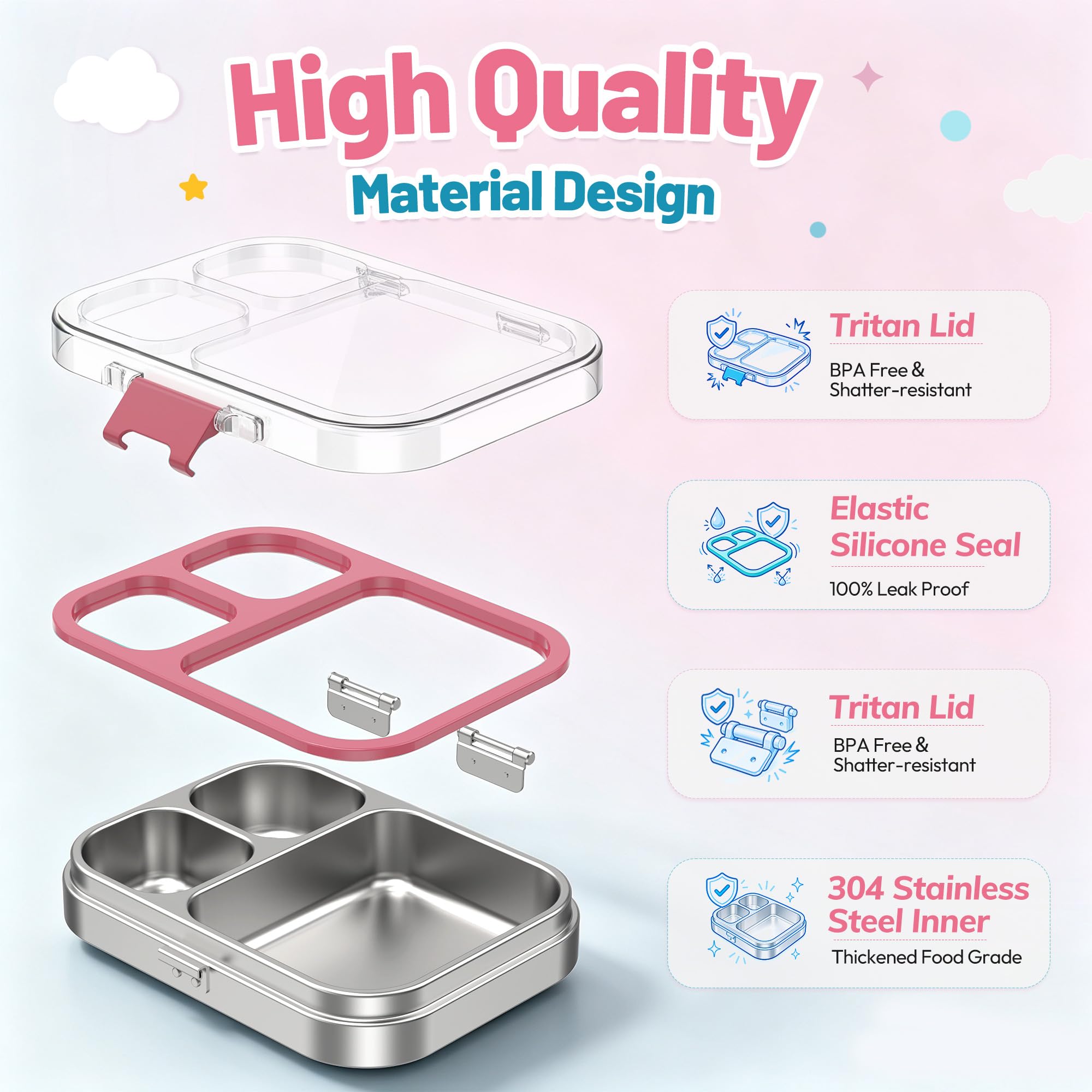 VITONIS Fiambrera infantil de acero inoxidable, fiambrera con 3 compartimentos, fiambrera infantil A prueba de fugas, sin BPA, apta para lavavajillas,Adecuado para campus, picnic (Rosa)