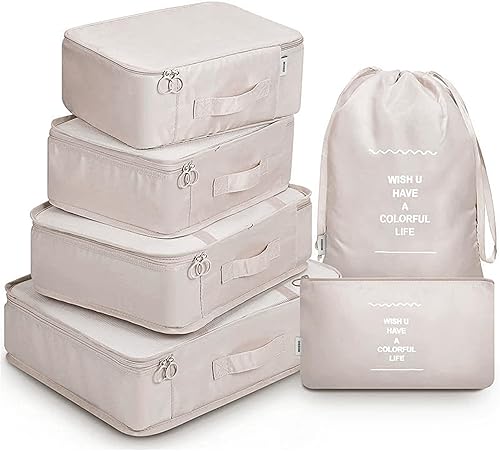 Juego de 6 cubos de equipaje organizadores de equipaje para accesorios de viaje, bolsas de almacenamiento color beige crema, lavables a máquina,