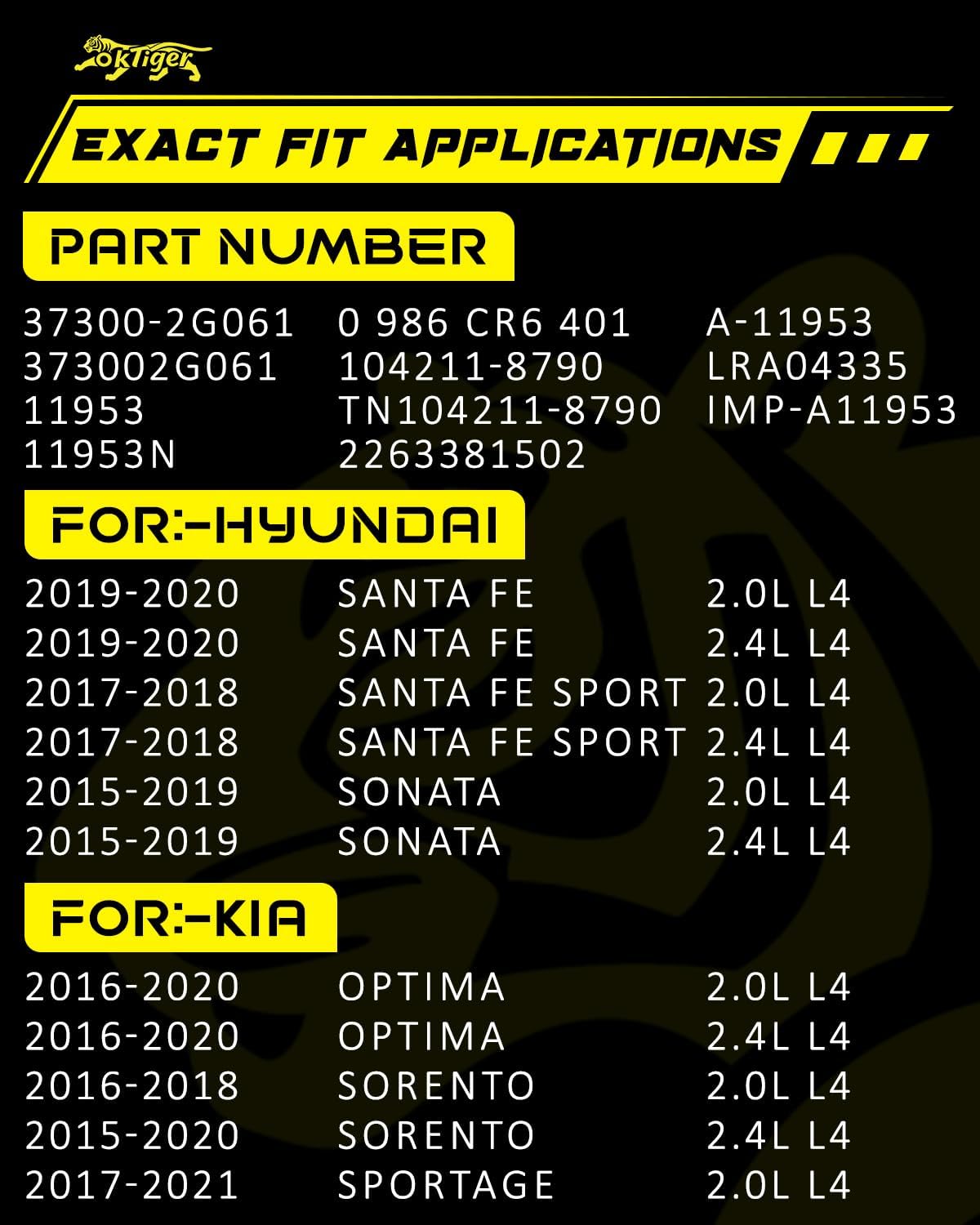 Oktiger Upgraded Alternator for Hyundai Sonata 2015-2019 2.0L 2.4L, Santa Fe 2019-2020, Santa Fe Sport 2017-2018, for KIA Optima Sorento Sportage, L4 12V 150A Clockwise 6-Groove Pulley, OE 37300-2G061