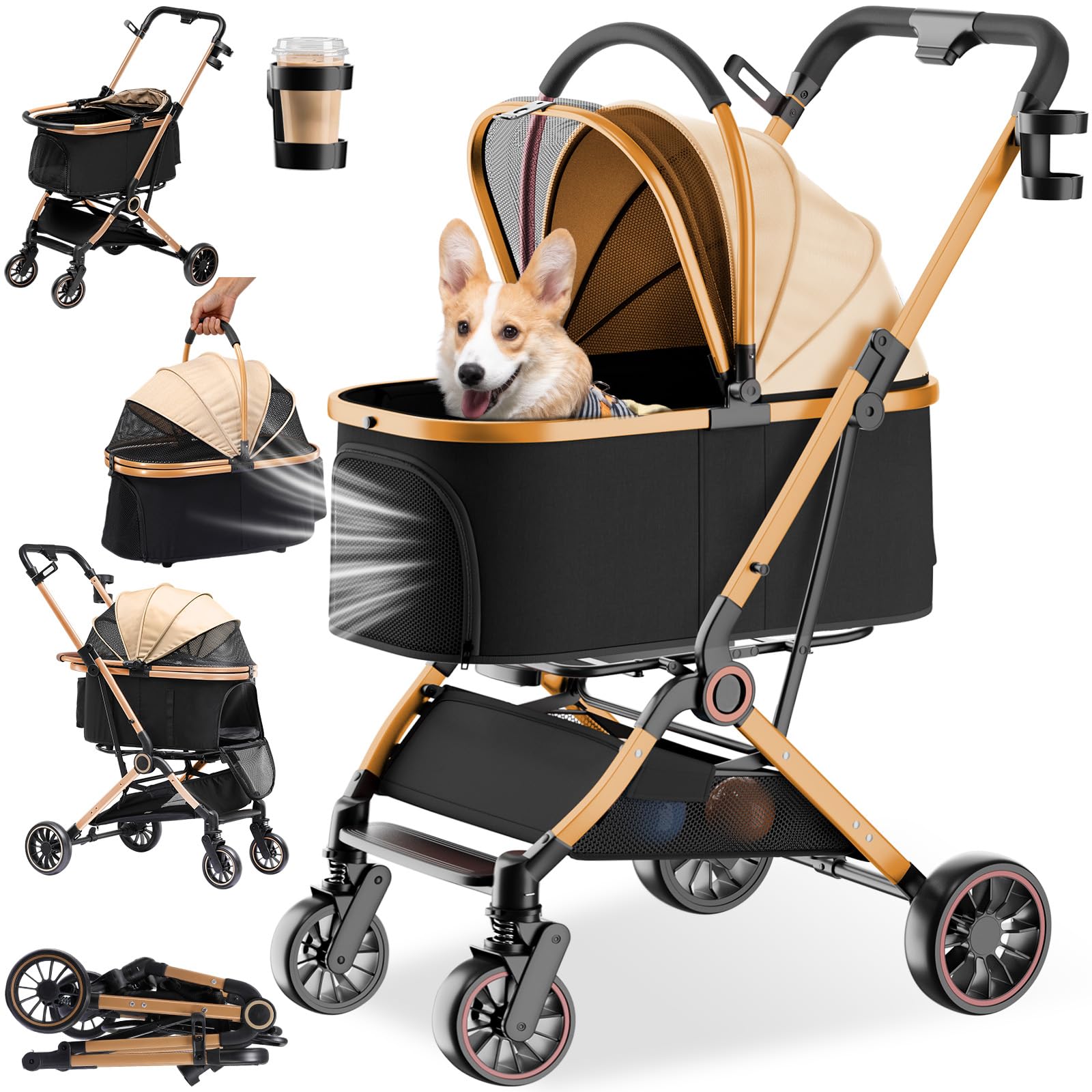 GTPLAYER Poussette Chien 4-en-1, Poussette pour Chien Chat, Jusqu'à 25KG, Voyage Transporteur Amovible, Poussette Tout-terrain Pour Animaux de Compagnie, Or