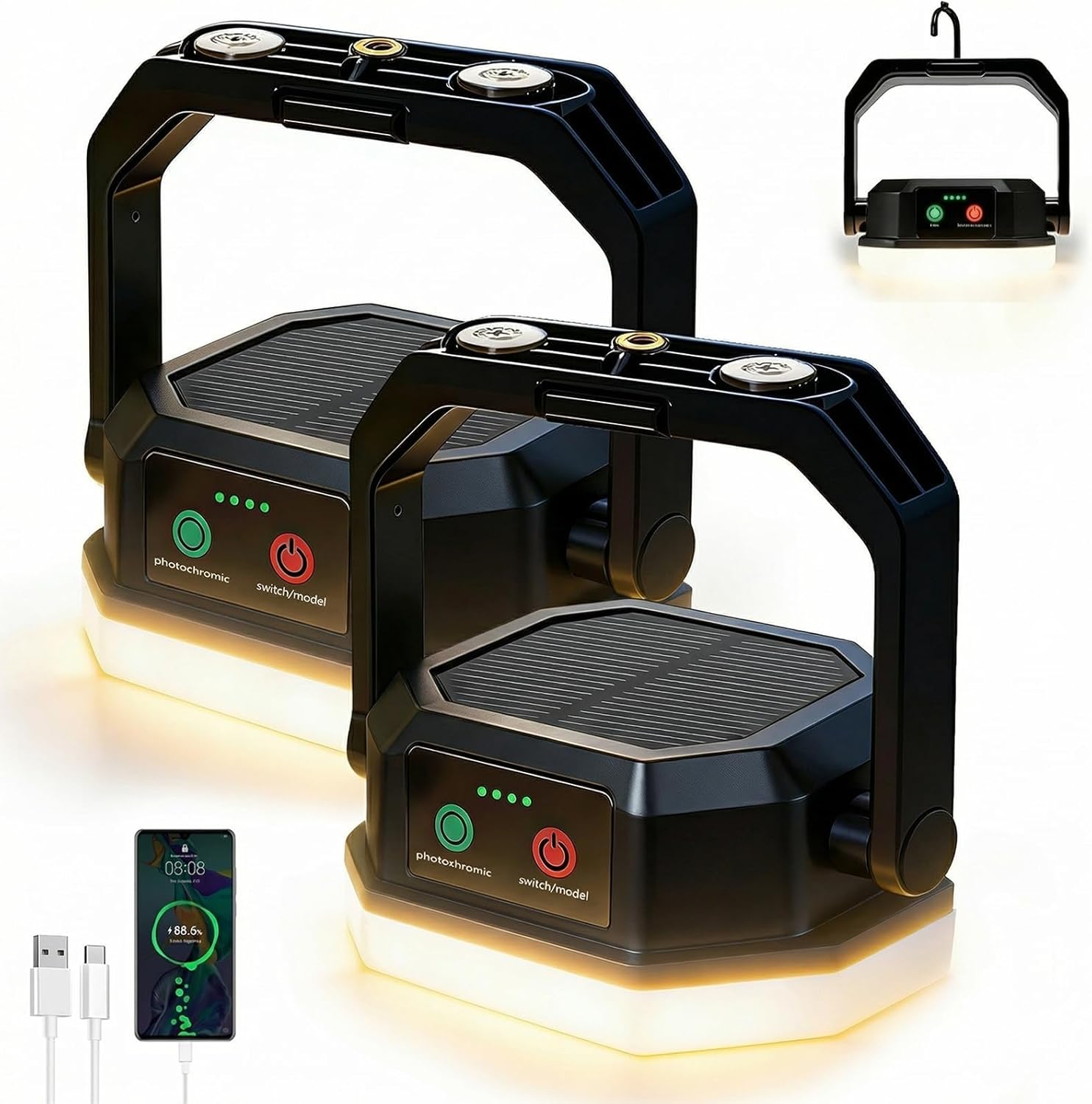 SyouHome Solar Camping Lantern, 4000LM, 6600mAh Rechargeable Camping Light with Strong Magnetic Base, IP65 Waterproof Camping Essentials for Tent, Hiking, Hurricane, Emergency, Power Outages, 2 Pack