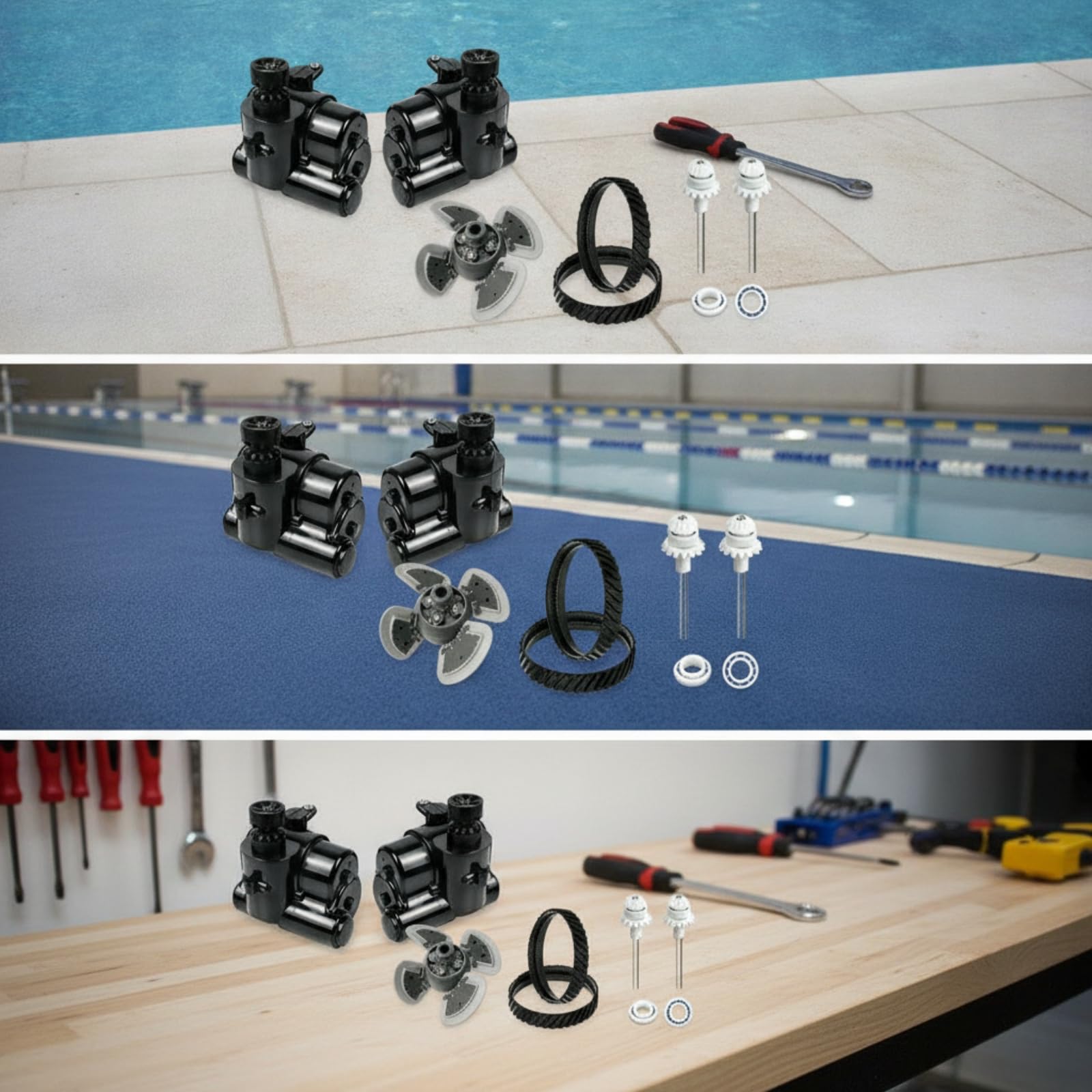 Kit Réfection pour Robot Piscine MX8 Pro avec Courroies à Bans Noires et Roues à pour Assurer Une Traction Adapté aux Piscines à Revêtement Liner et Béton